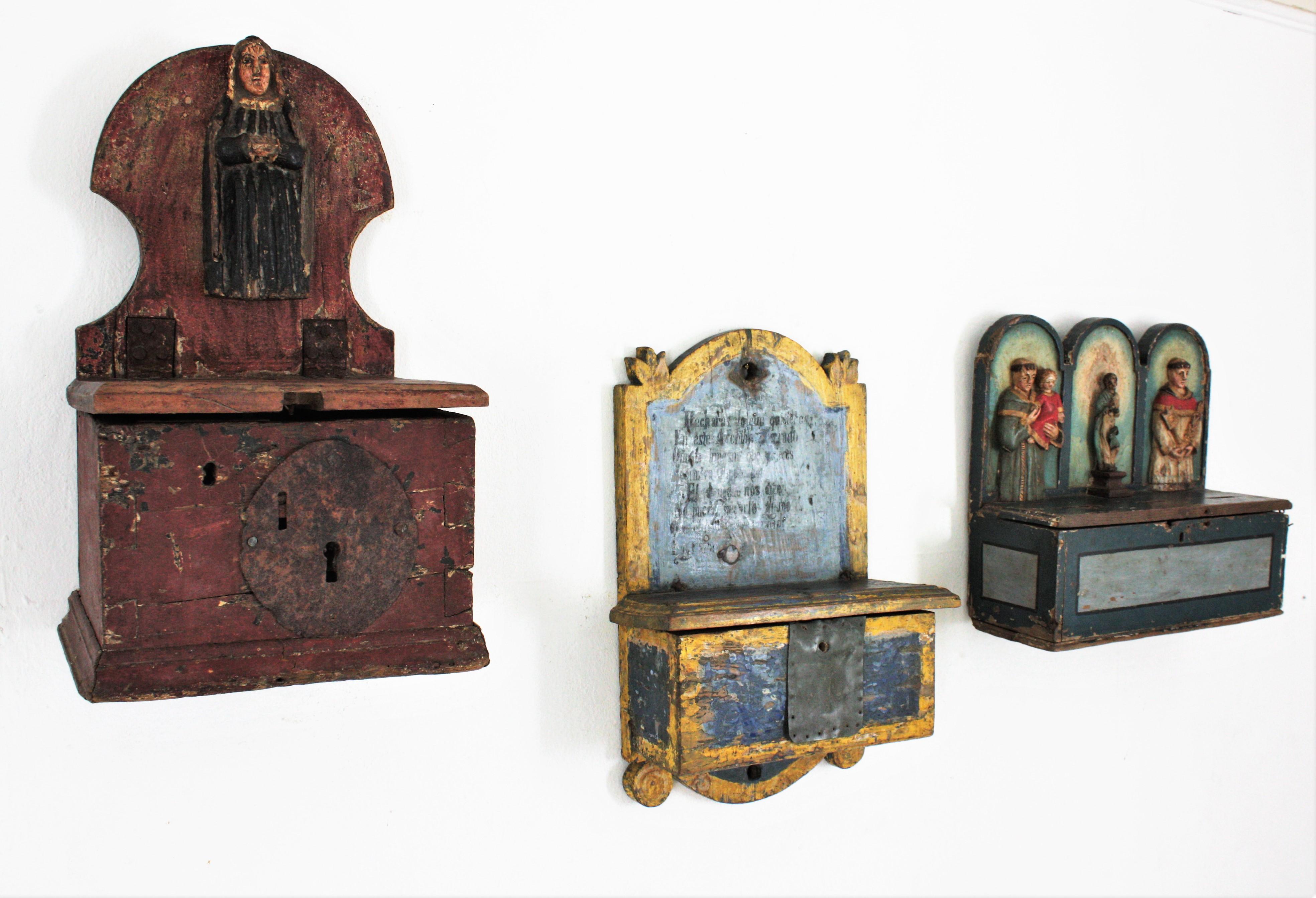 Medieval Set of Three Spanish Church Alms Boxes Wall Decoration, 18th Century For Sale
