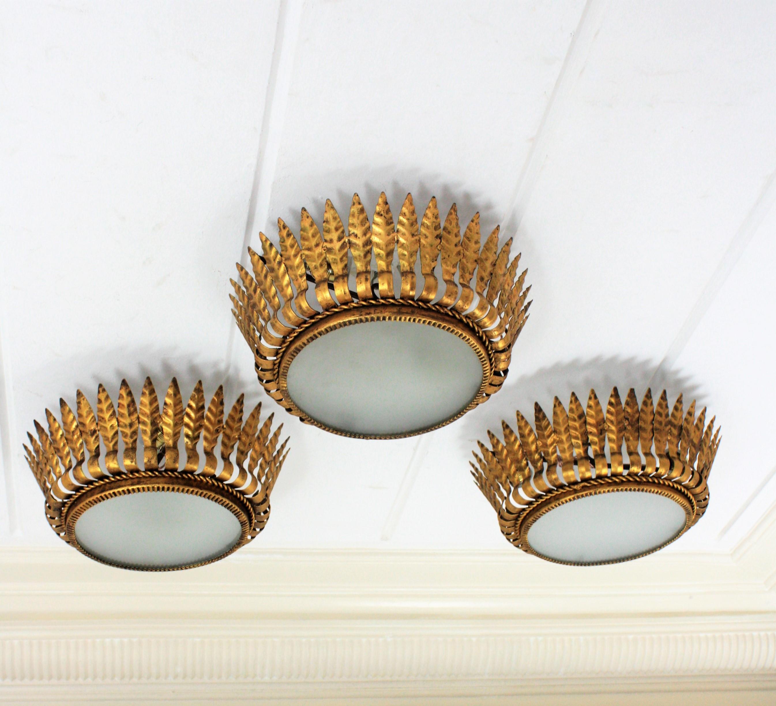 Set of Three Spanish Gilt Metal Crown Light Fixtures with Leaves & Frosted Glass 6