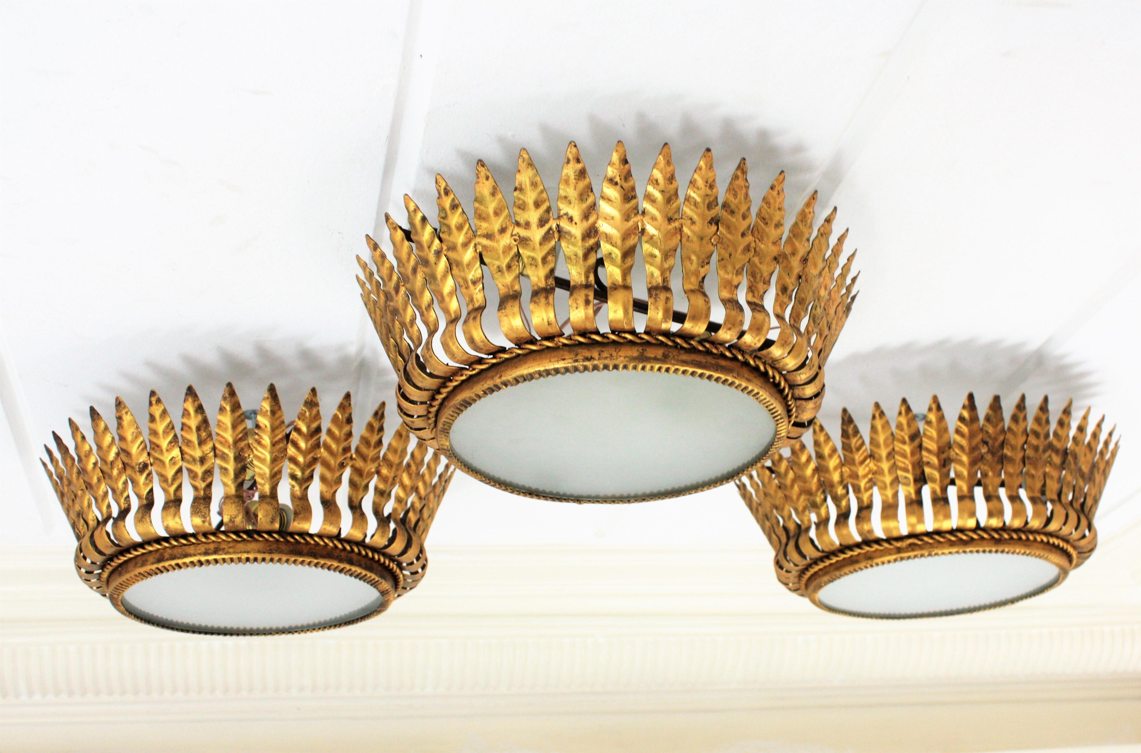 Set of Three Spanish Gilt Metal Crown Light Fixtures with Leaves & Frosted Glass 7