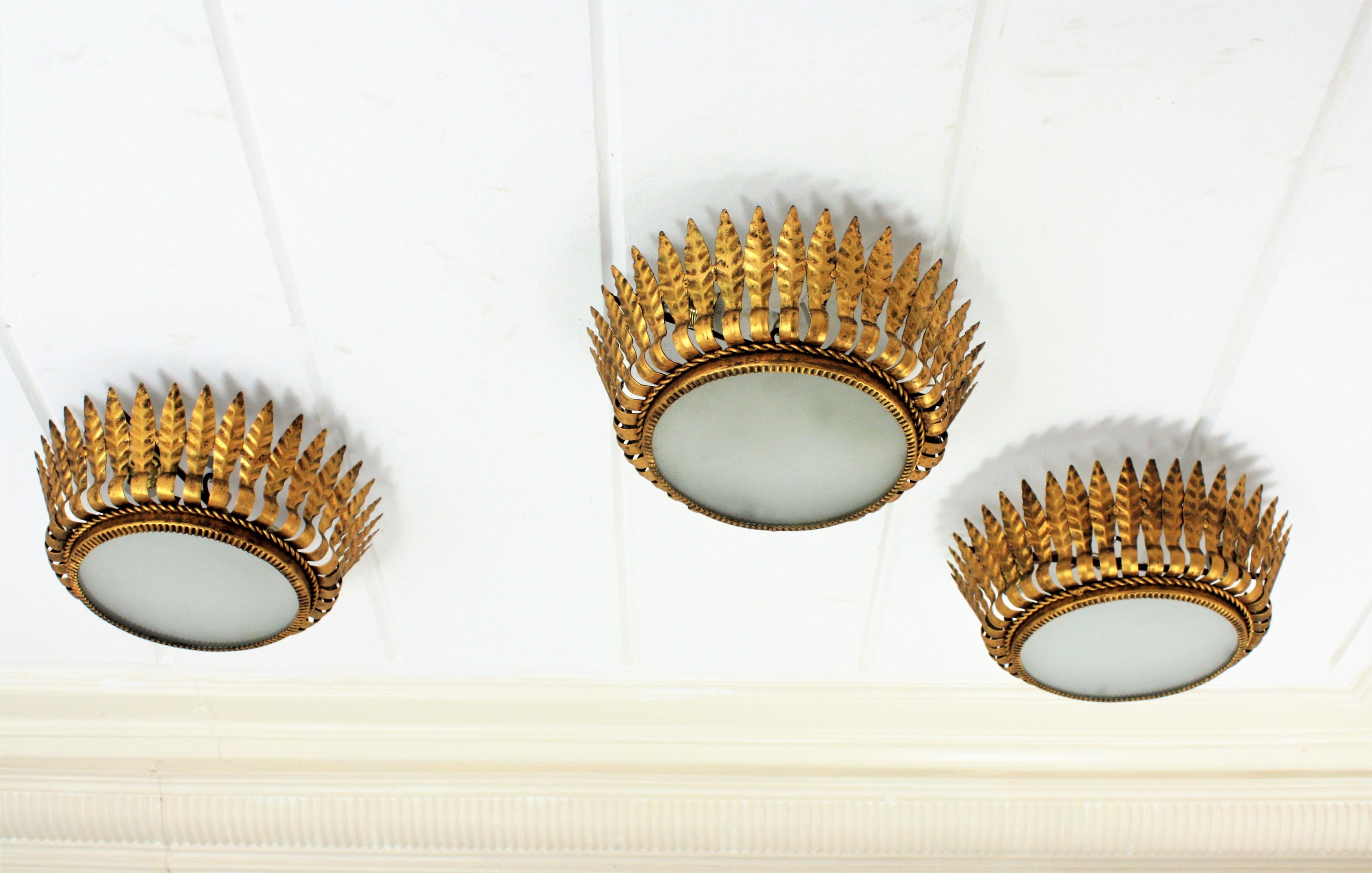 Set of Three Spanish Gilt Metal Crown Light Fixtures with Leaves & Frosted Glass 9