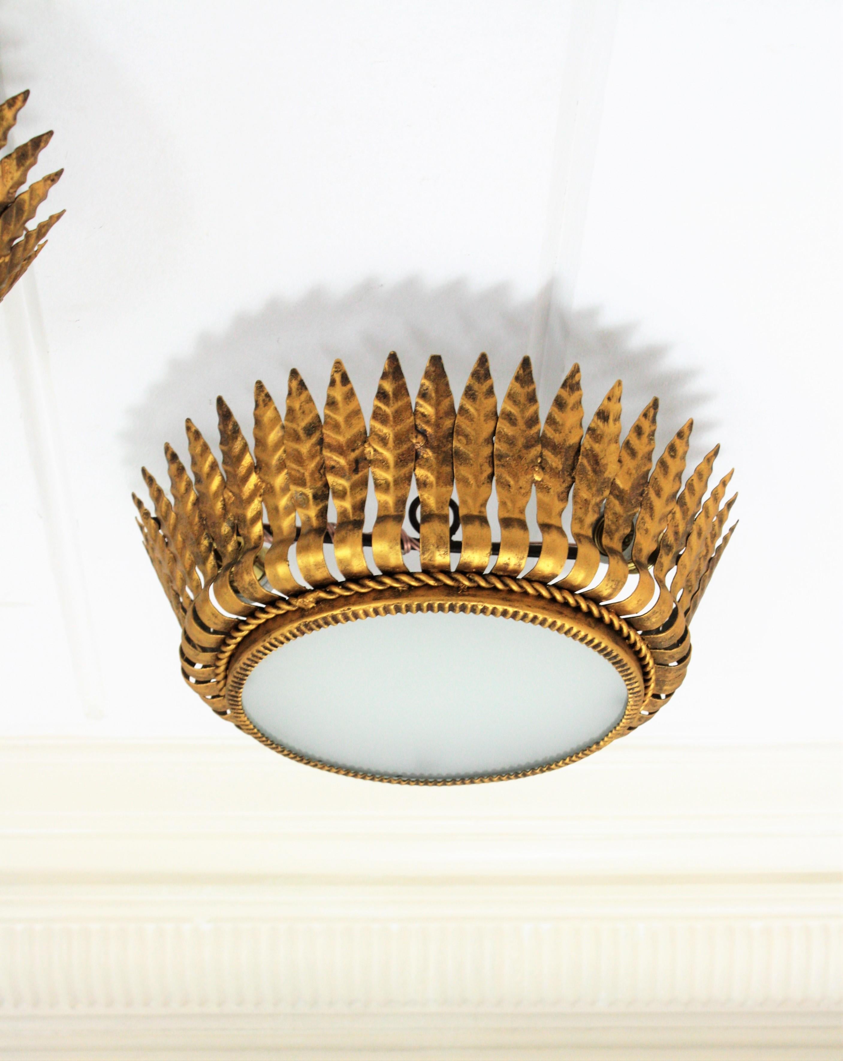 Set of Three Spanish Gilt Metal Crown Light Fixtures with Leaves & Frosted Glass In Excellent Condition In Barcelona, ES