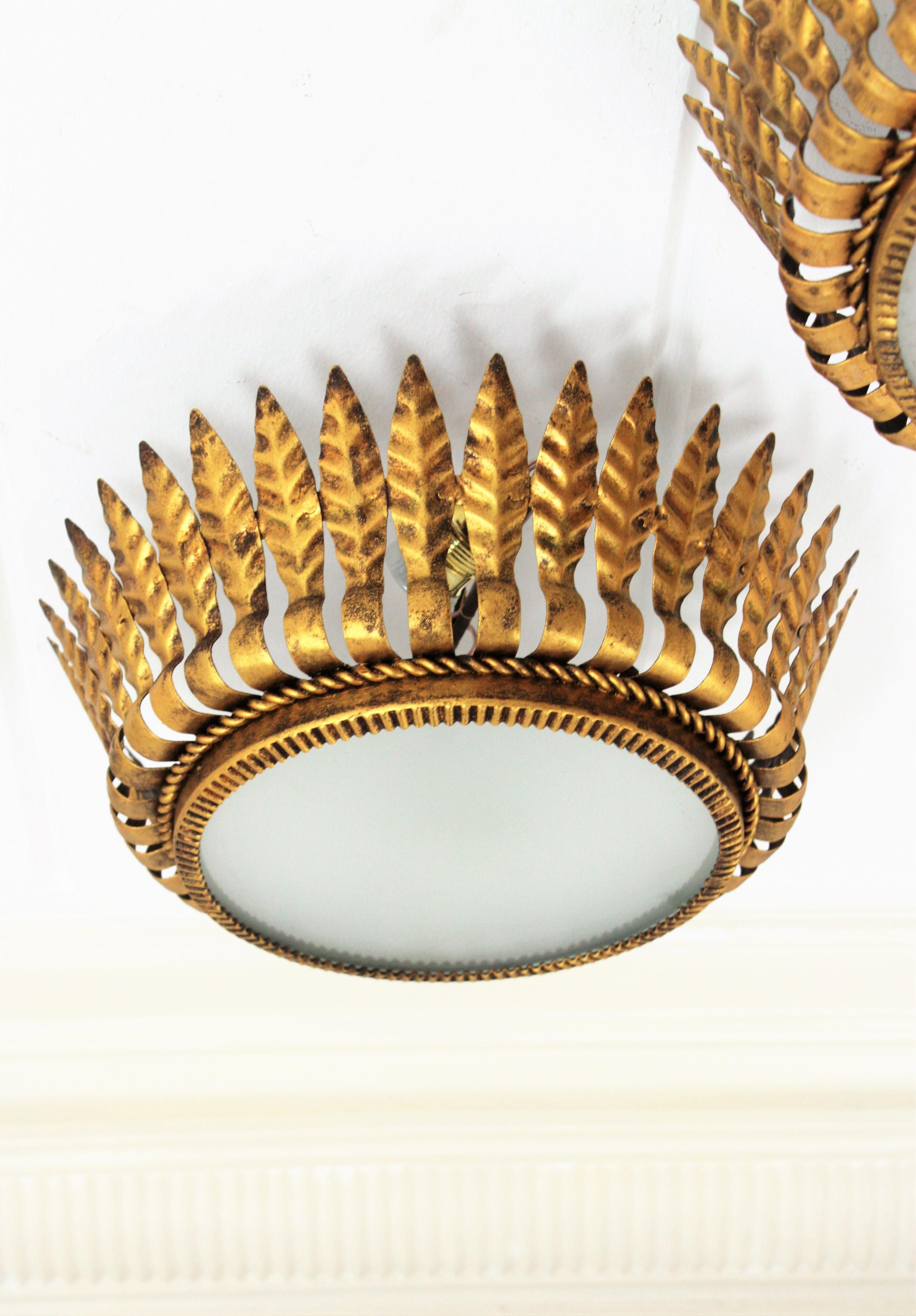 20th Century Set of Three Spanish Gilt Metal Crown Light Fixtures with Leaves & Frosted Glass