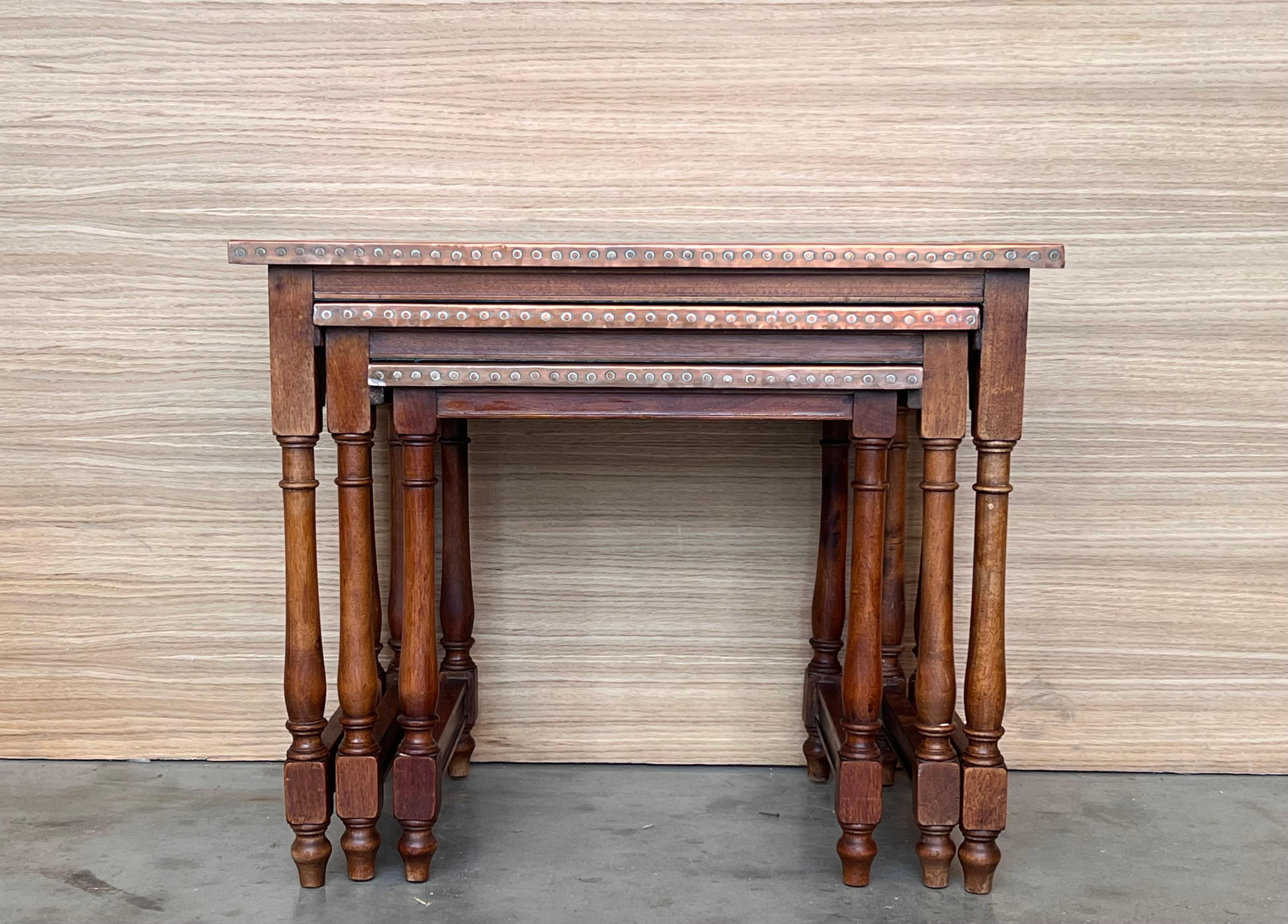 Spanish Colonial Set of Three Spanish Walnut Nesting tables with copper top For Sale