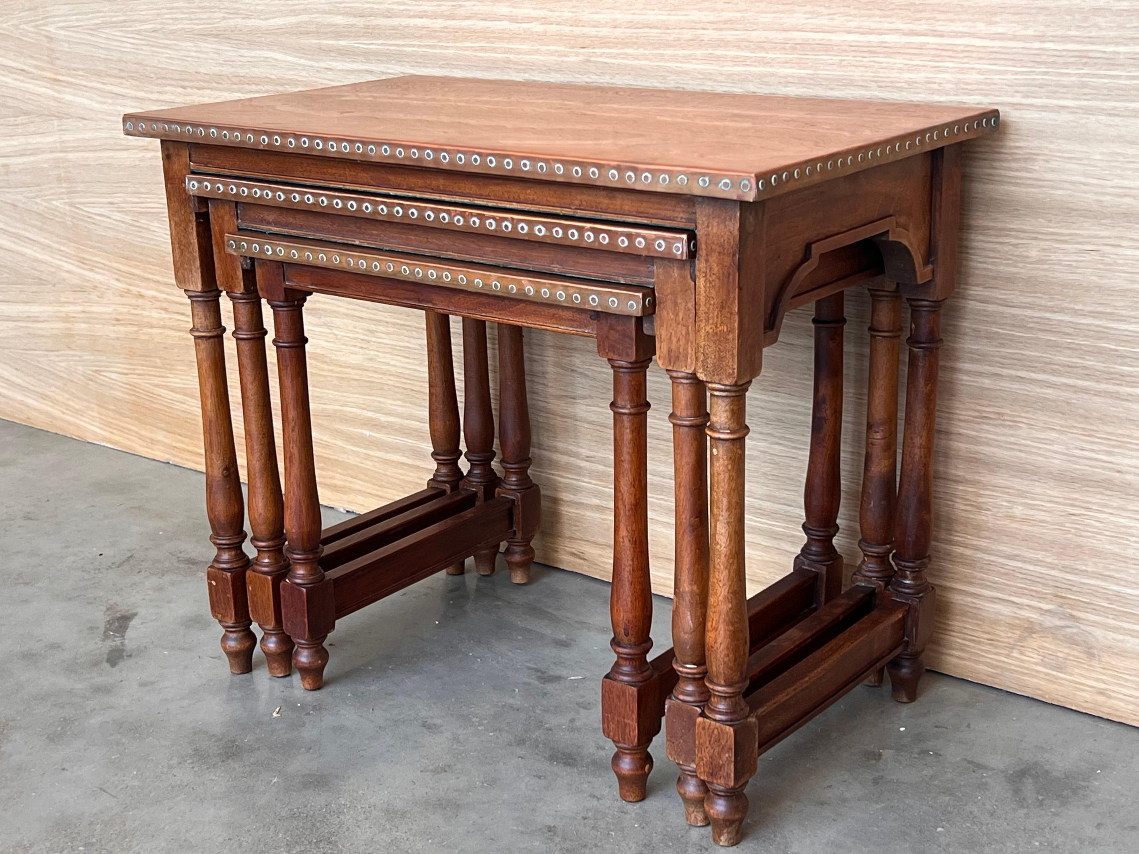 Copper Set of Three Spanish Walnut Nesting tables with copper top For Sale