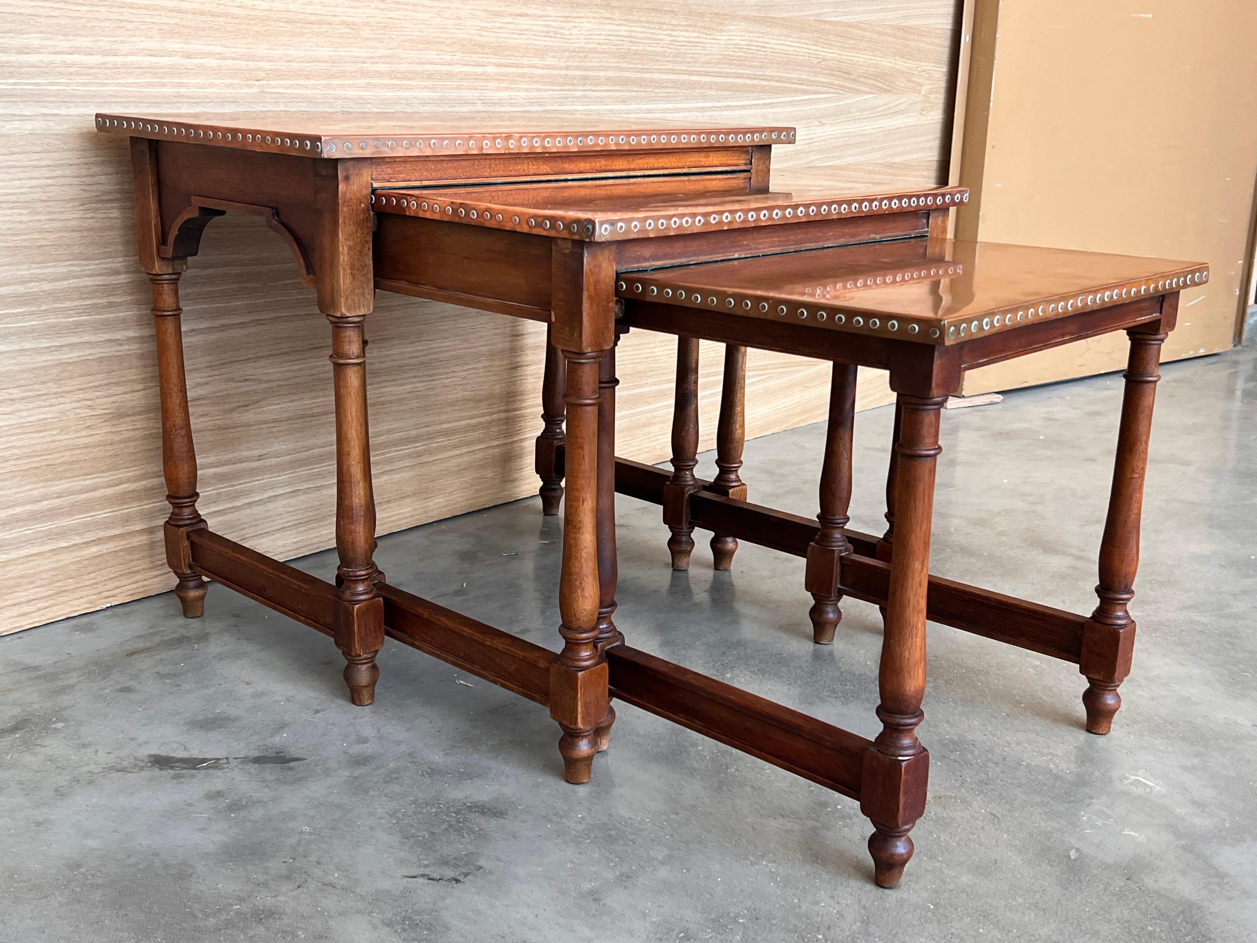 Set of Three Spanish Walnut Nesting tables with copper top For Sale 1
