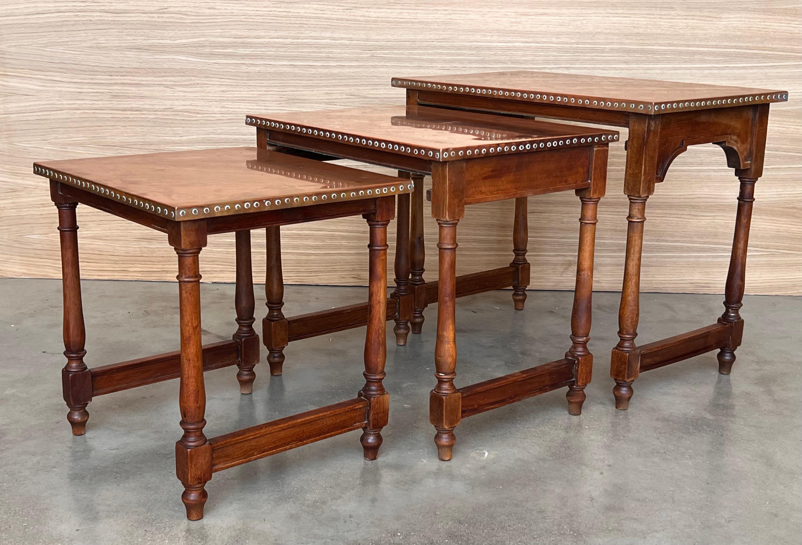 Set of Three Spanish Walnut Nesting tables with copper top For Sale 2