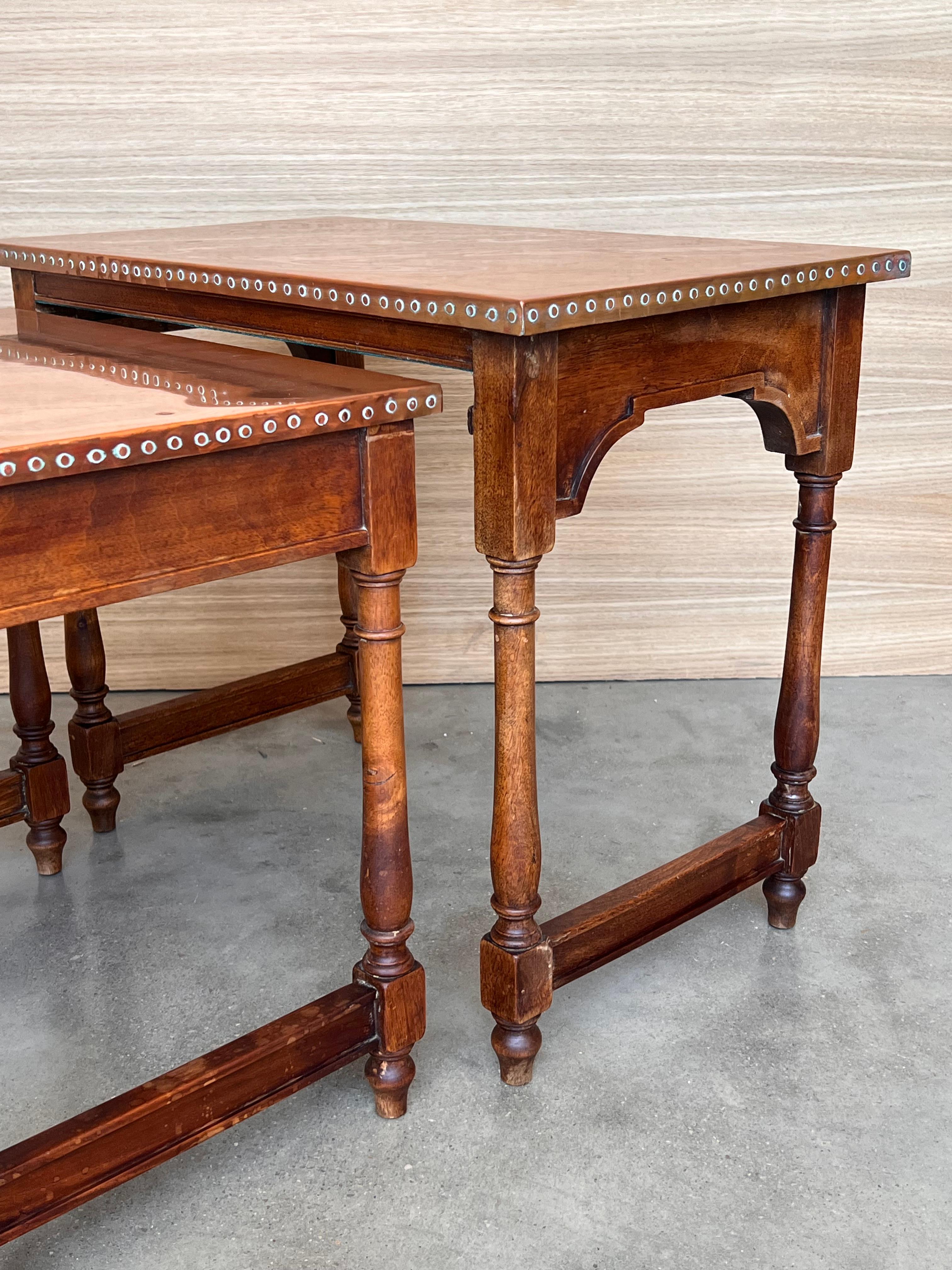 Set of Three Spanish Walnut Nesting tables with copper top For Sale 3