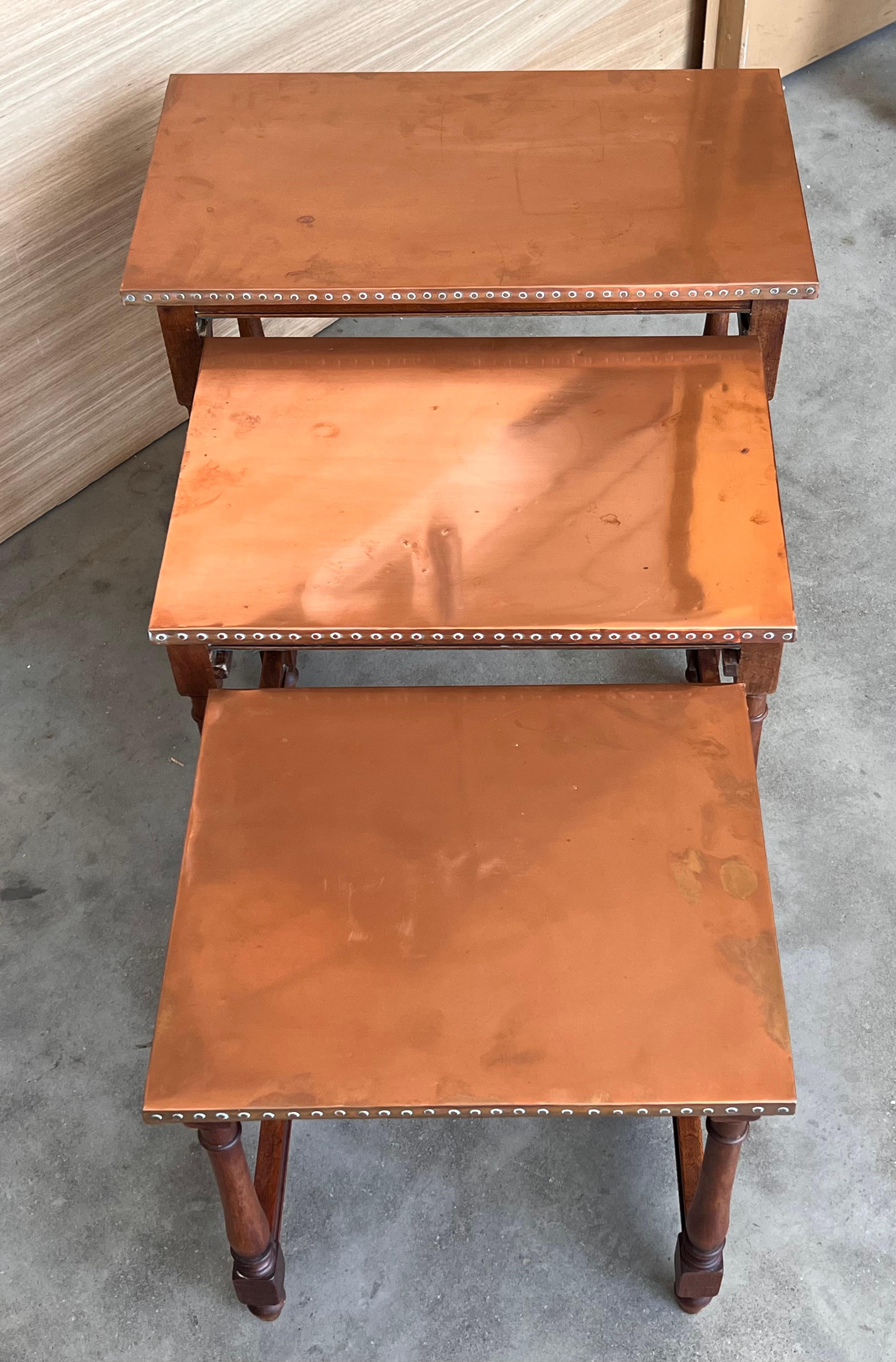 Set of Three Spanish Walnut Nesting tables with copper top For Sale 4