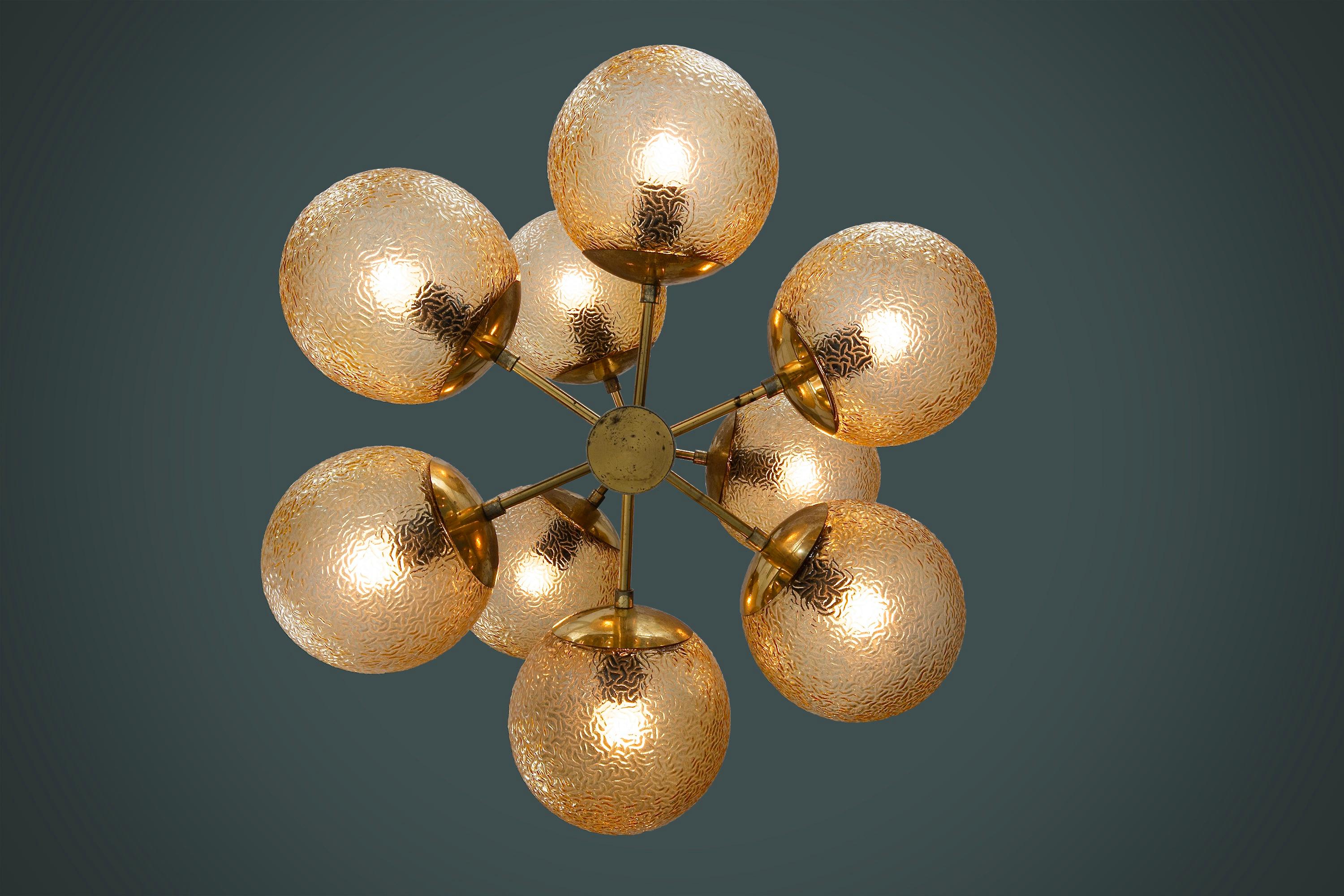 German Set of Three Sputnik Chandeliers in Tinted Glass and Brass, 1960s