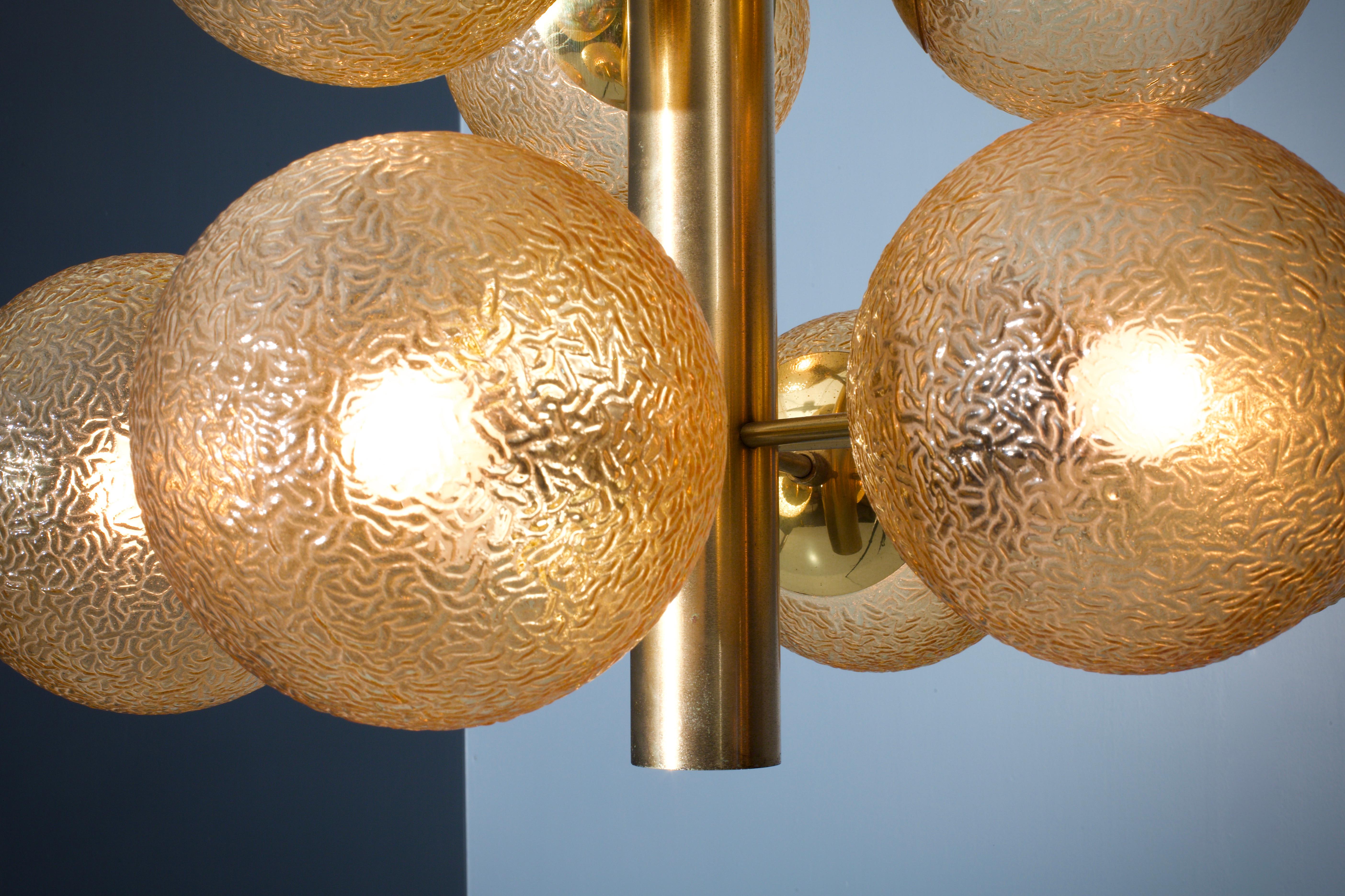 Set of Three Sputnik Chandeliers in Tinted Glass and Brass, 1960s In Excellent Condition In Amsterdam, NL