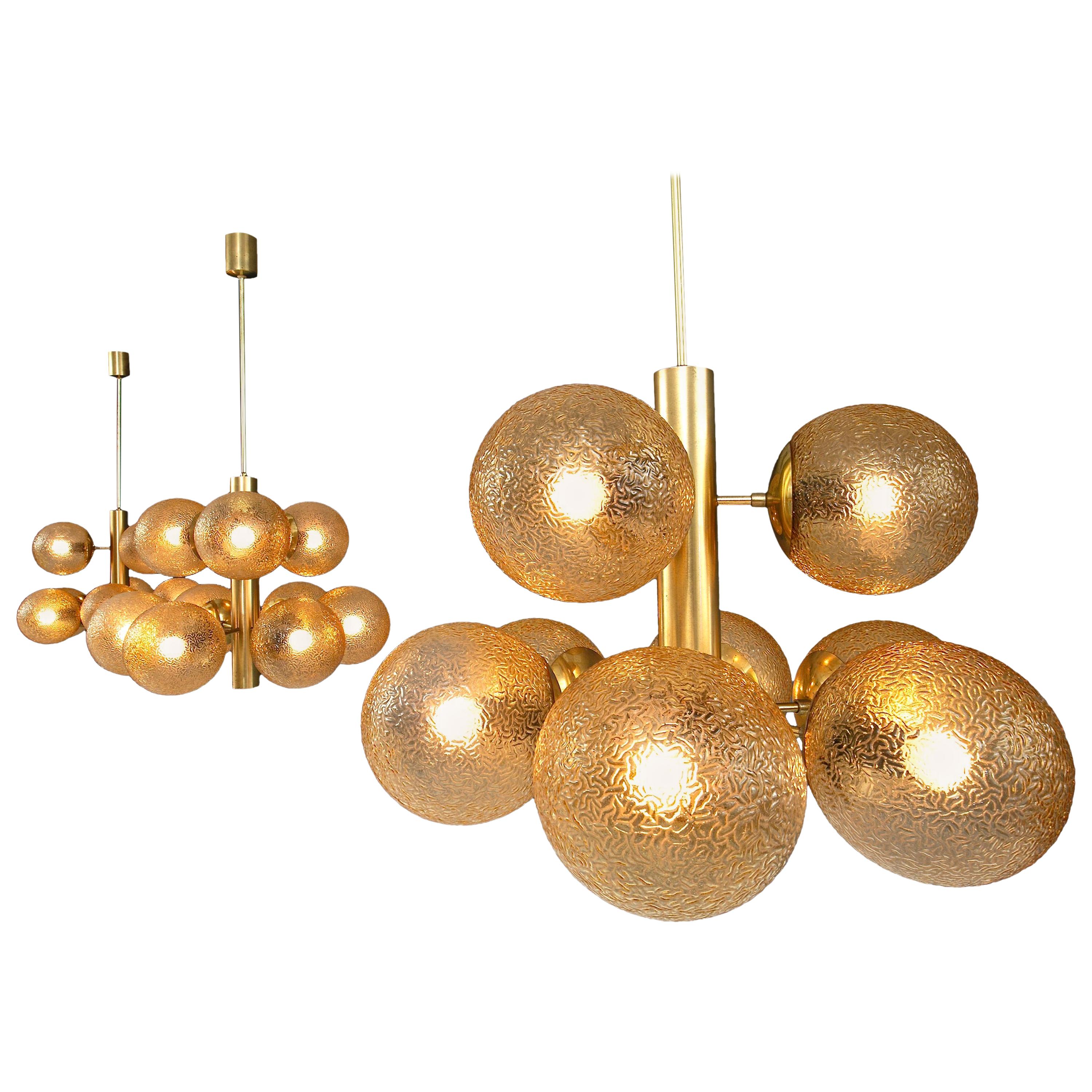 Set of Three Sputnik Chandeliers in Tinted Glass and Brass, 1960s