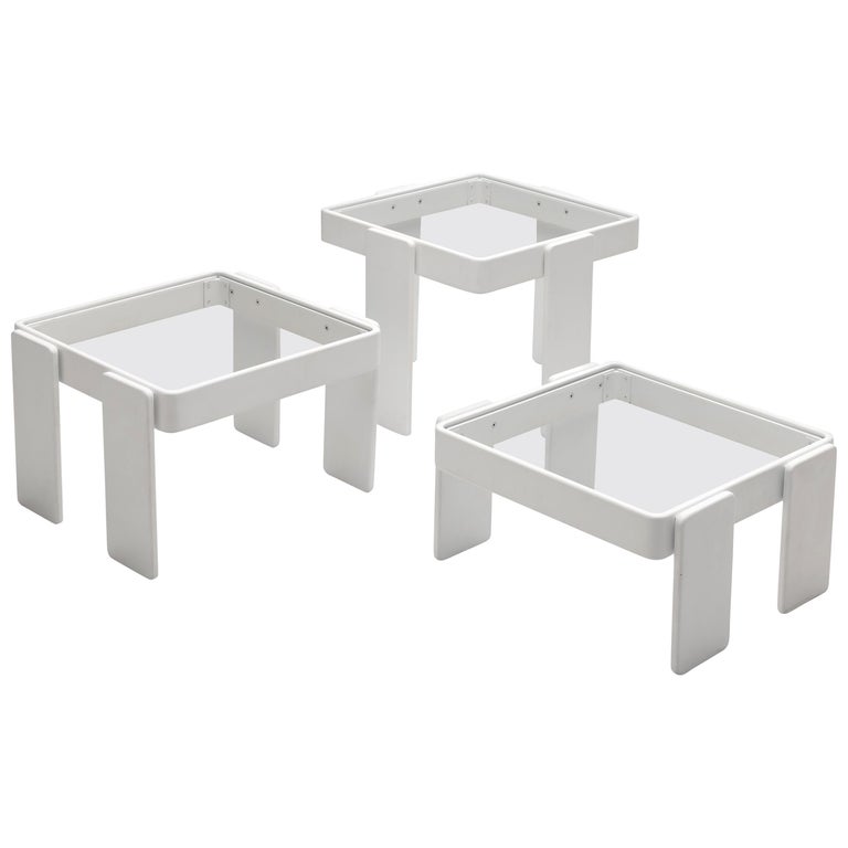 Set of Three Stackable Nesting Tables in Wood and Glass For Sale at 1stDibs