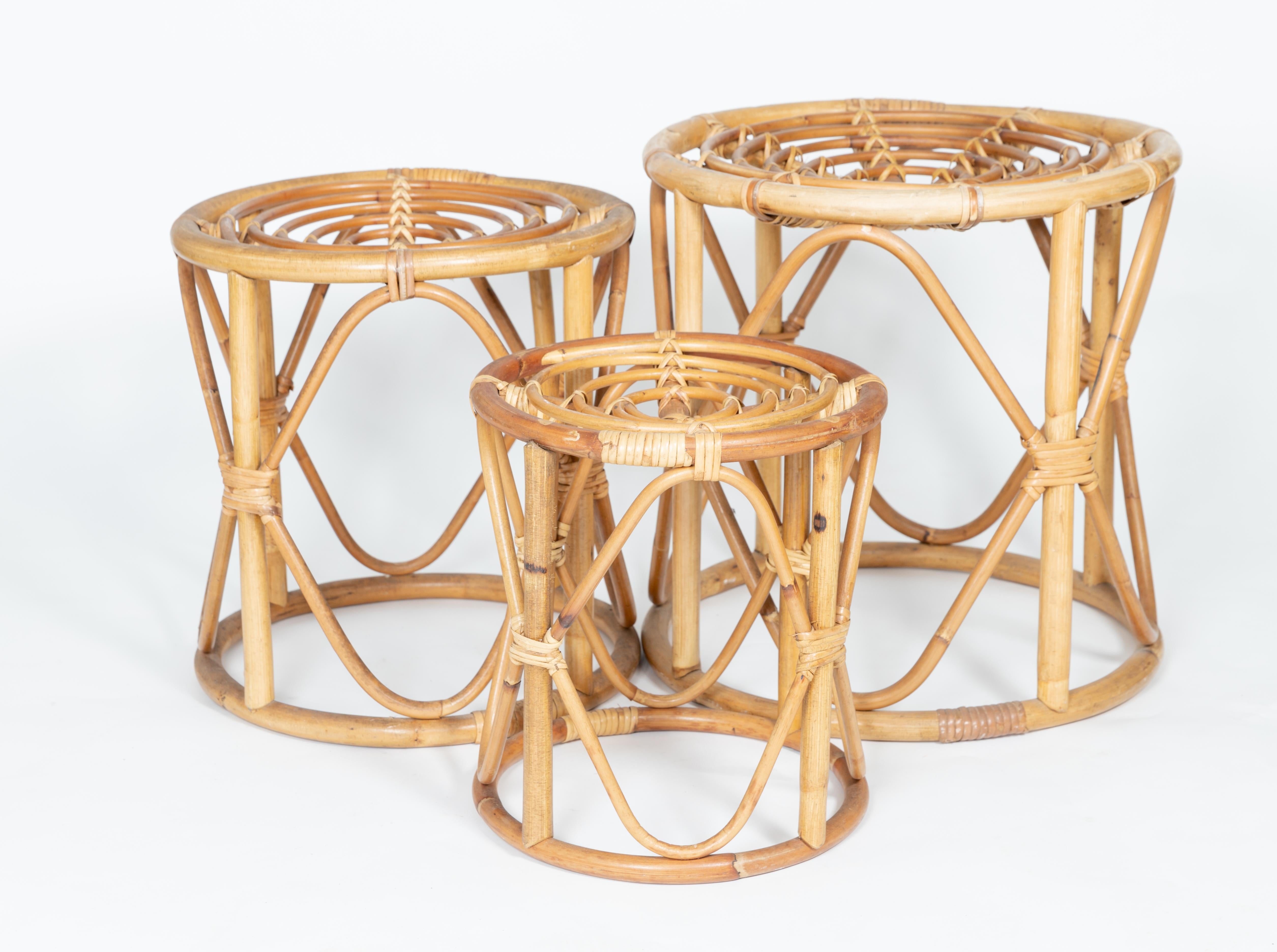 Set of Three Stacking Bamboo Stools In Good Condition In Bridgehampton, NY