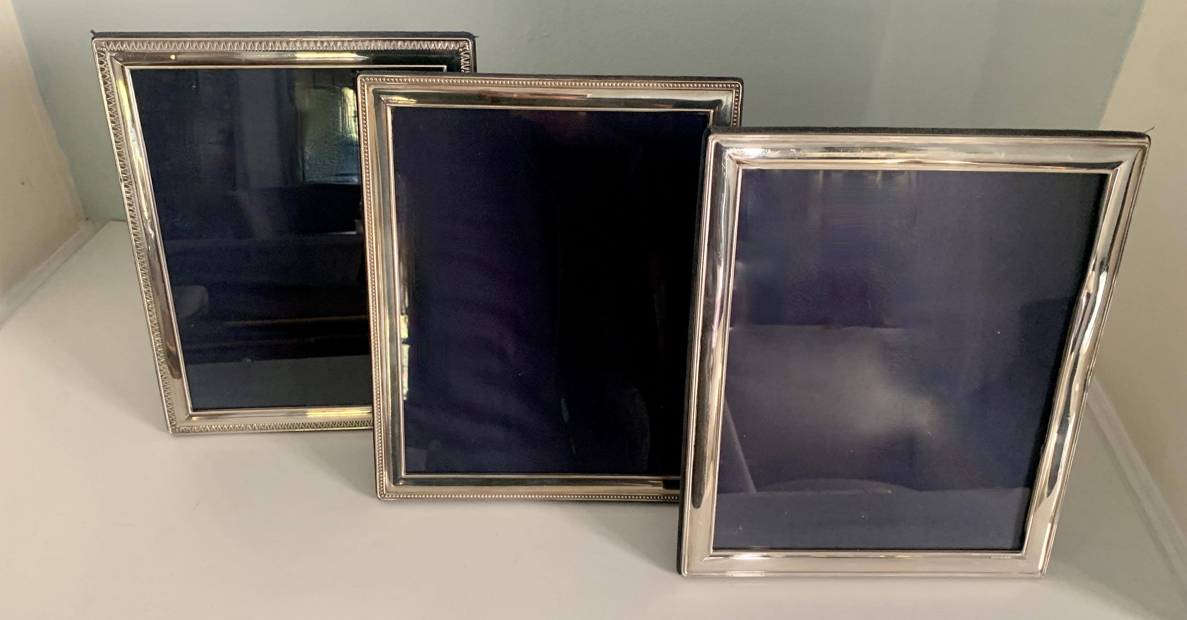 Modern Set of Three Sterling Silver Frames with Velvet Stand