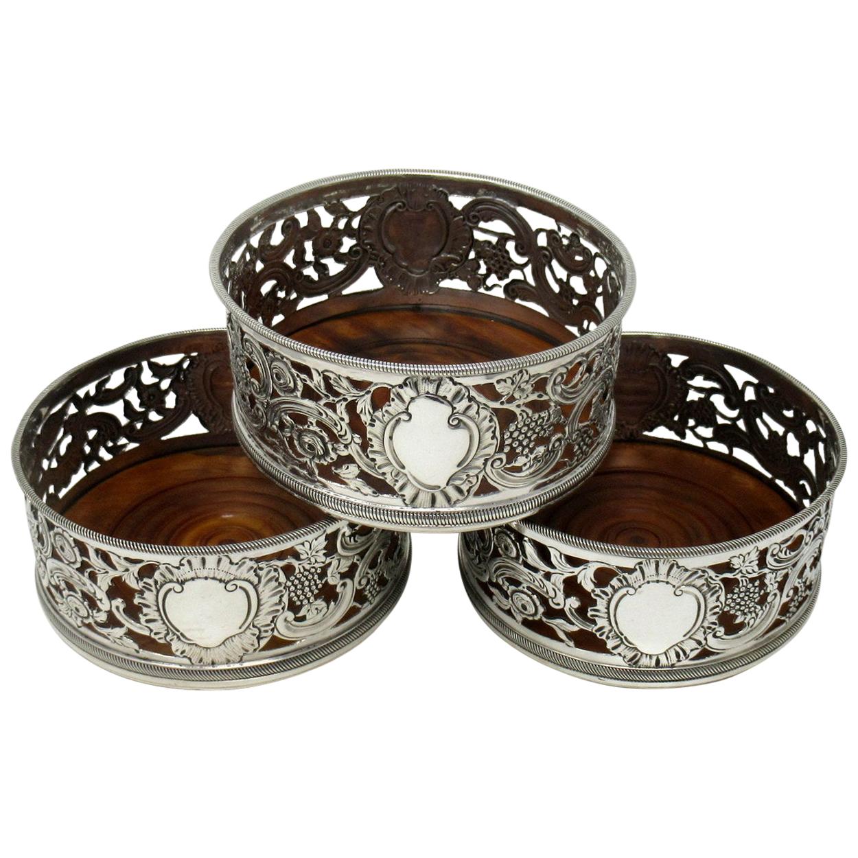 Set of Three Sterling Silver Wine Coasters Samuel Hayne Dudley Cater London 1841