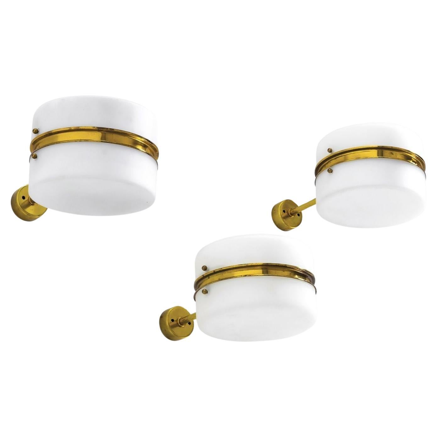 Set of Three Stilnovo Brass & White Opaline Glass Sconces For Sale