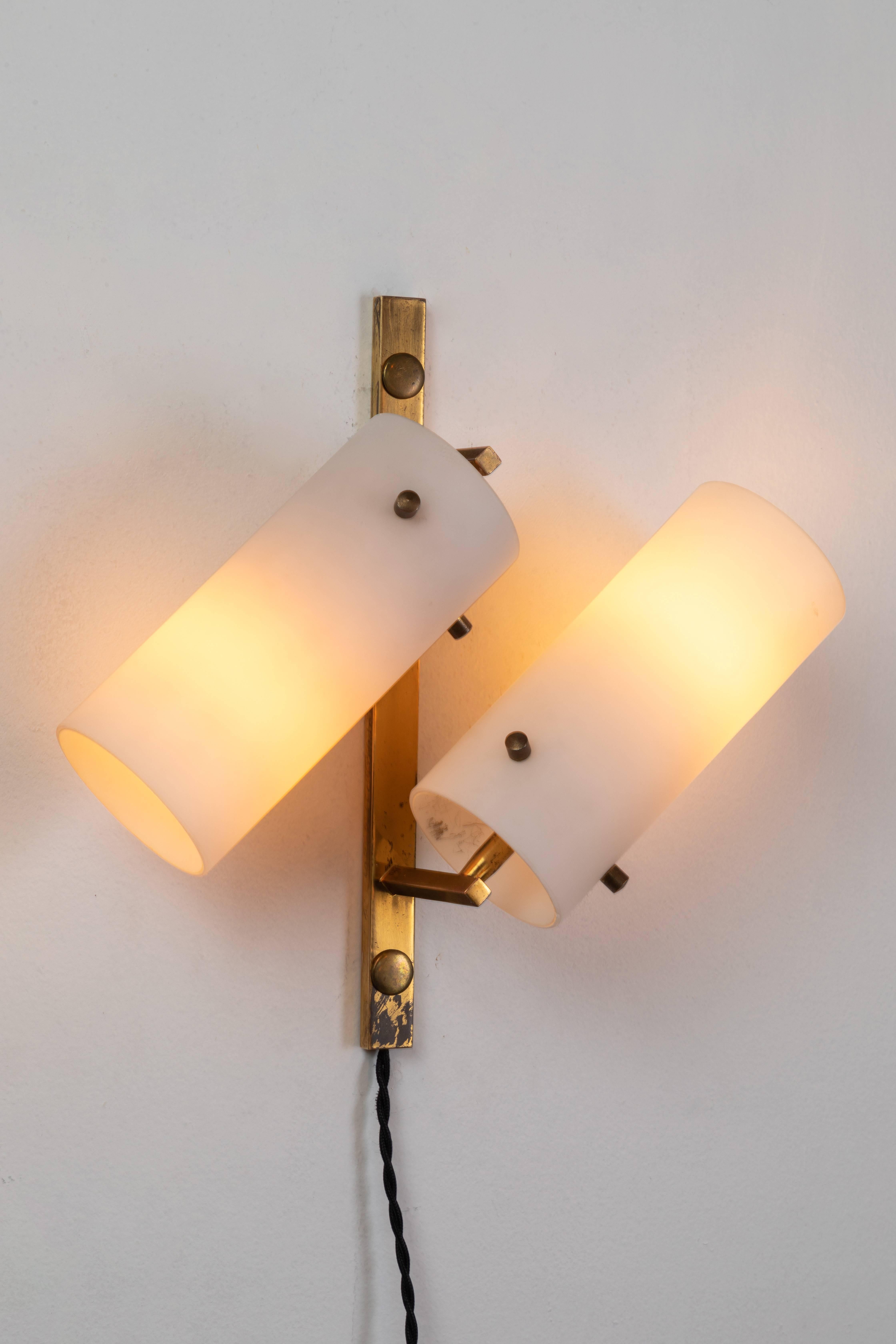 Mid-Century Modern Set of Three Stilux Double-Glass and Brass Wall Lights, circa 1950s