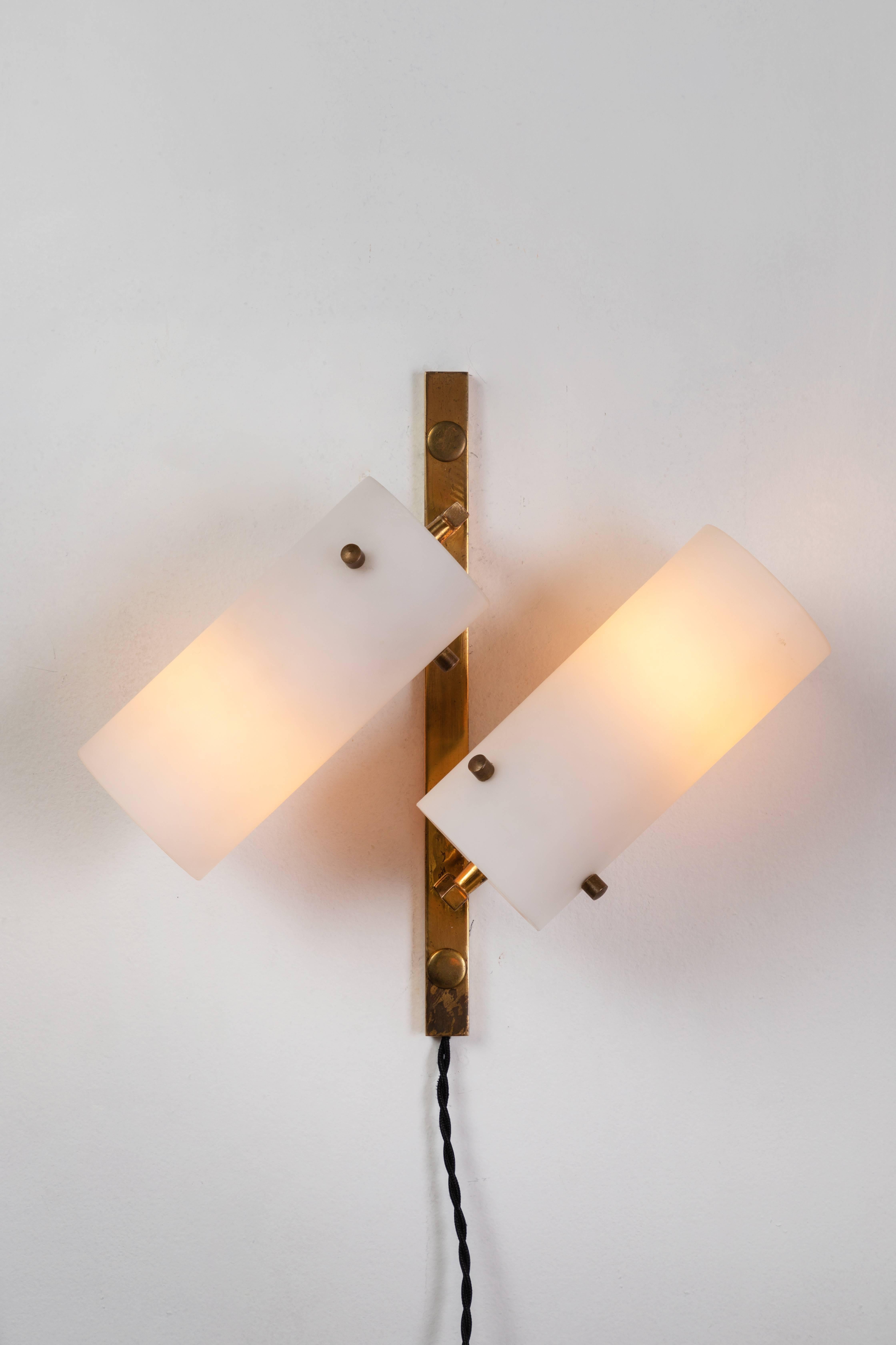 Italian Set of Three Stilux Double-Glass and Brass Wall Lights, circa 1950s