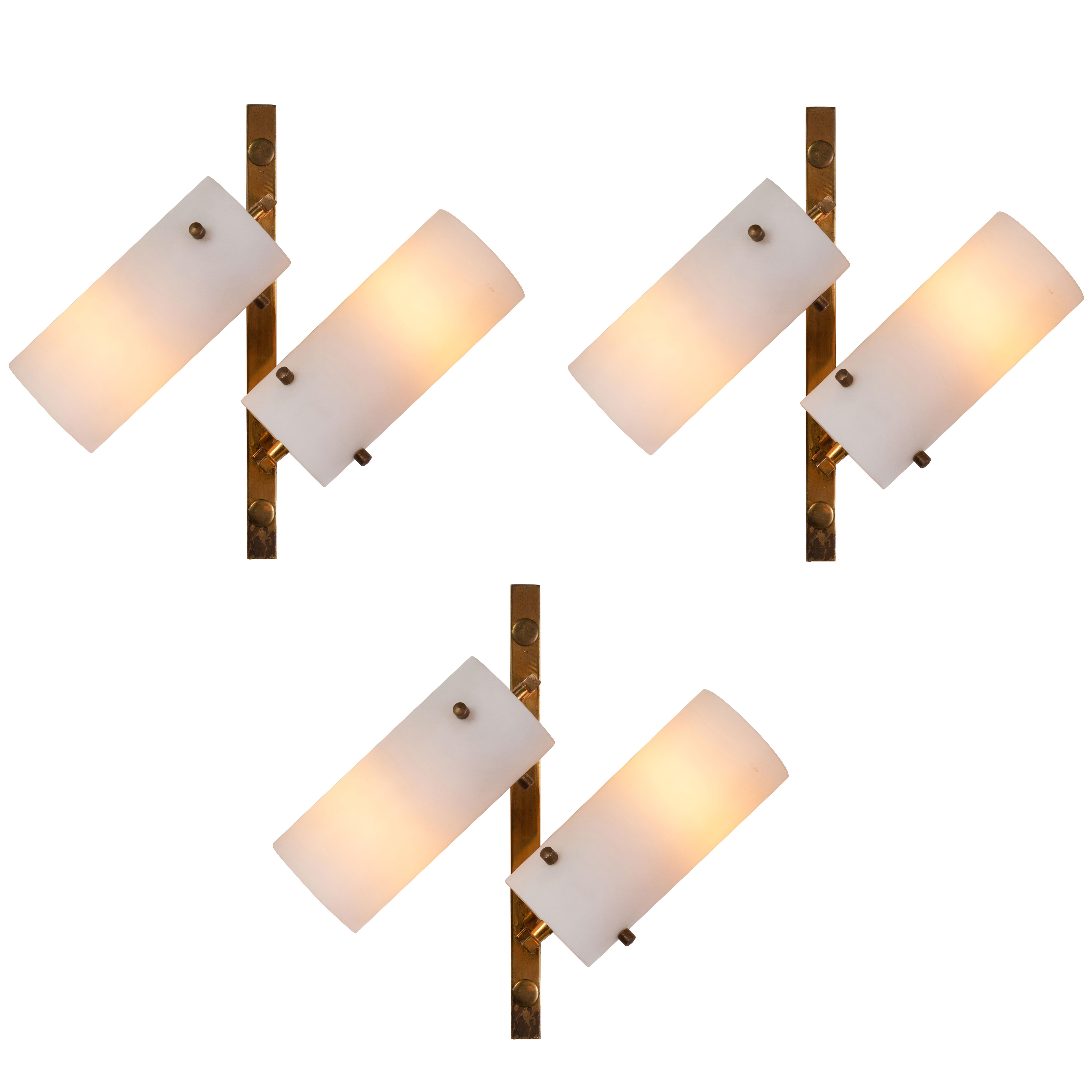 Set of Three Stilux Double-Glass and Brass Wall Lights, circa 1950s