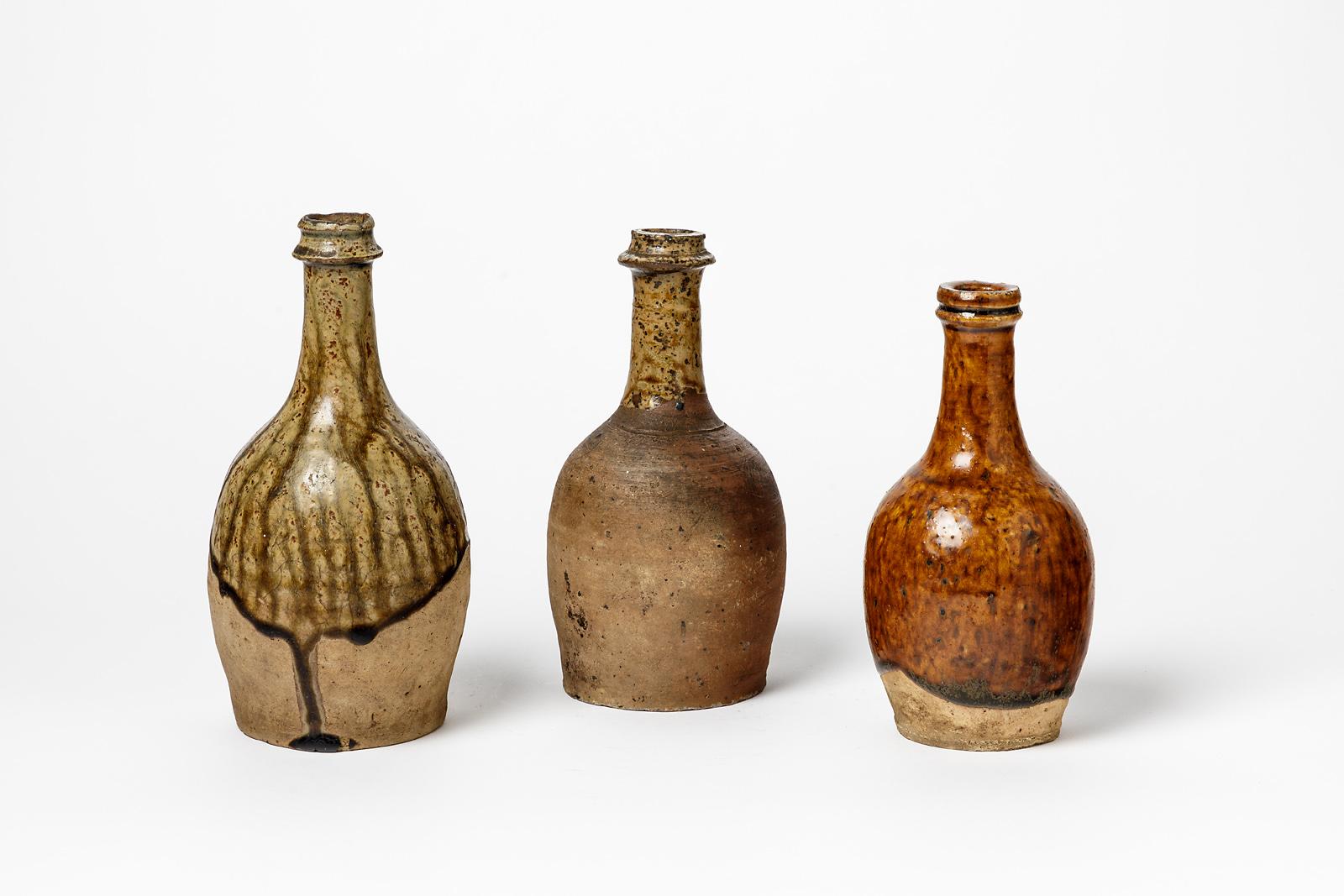Set of Three Stoneware Ceramic Bottles XIXth Century French Production La Borne In Good Condition For Sale In Neuilly-en- sancerre, FR
