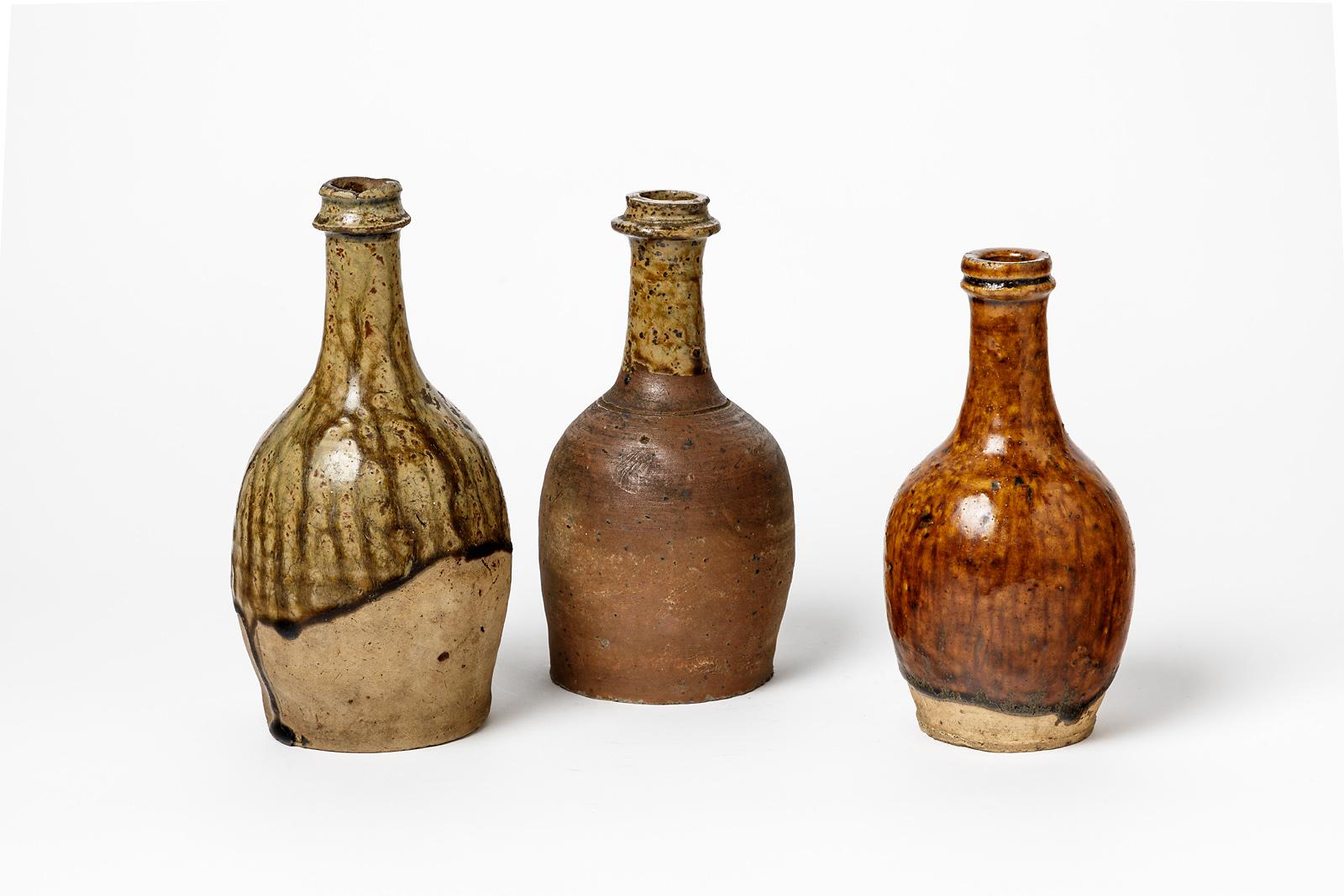 19th Century Set of Three Stoneware Ceramic Bottles XIXth Century French Production La Borne For Sale
