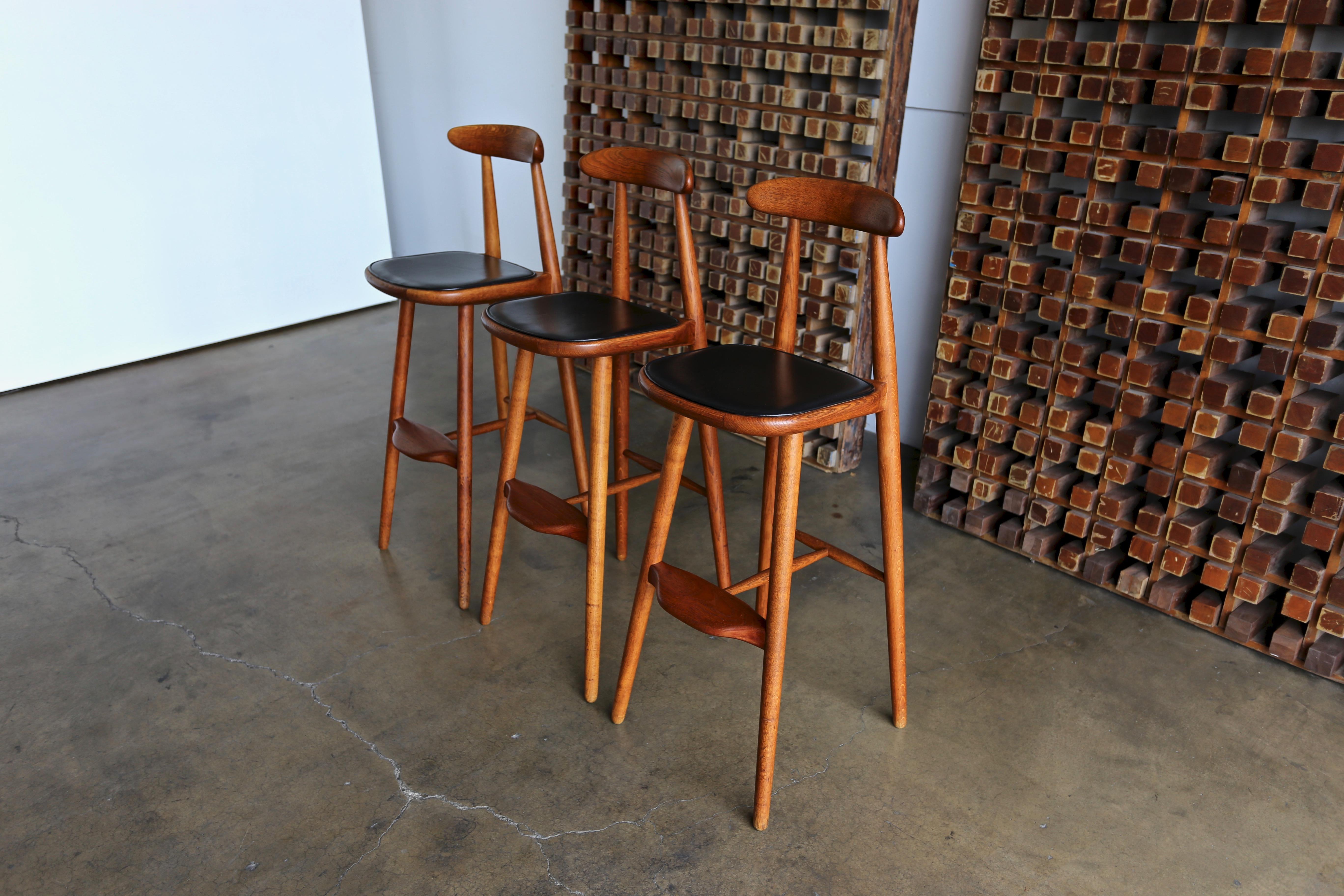 Leather Set of Three Stools by Vilhelm Wohlert for Stolefabriken Odense, Denmark