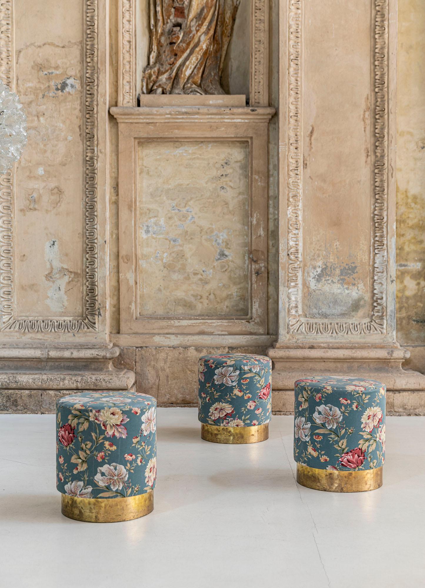 Charming set of 3 brass and floral fabric stools.