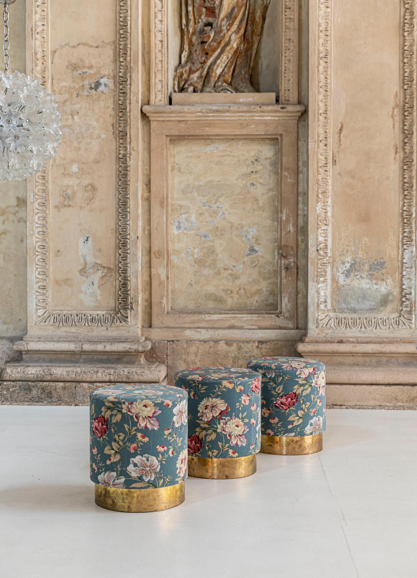 Mid-Century Modern Set of Three Stools, Floral Decorated Fabric
