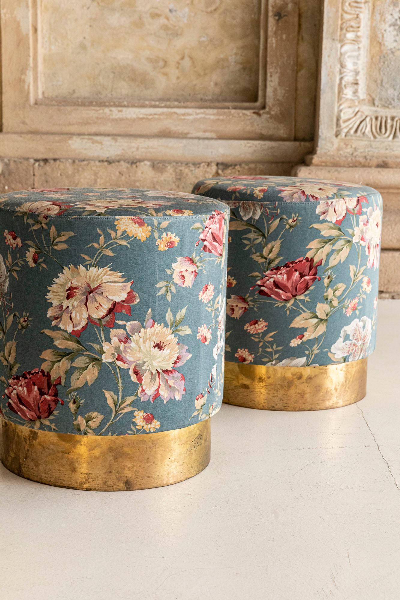 Set of Three Stools, Floral Decorated Fabric In Good Condition In Piacenza, Italy