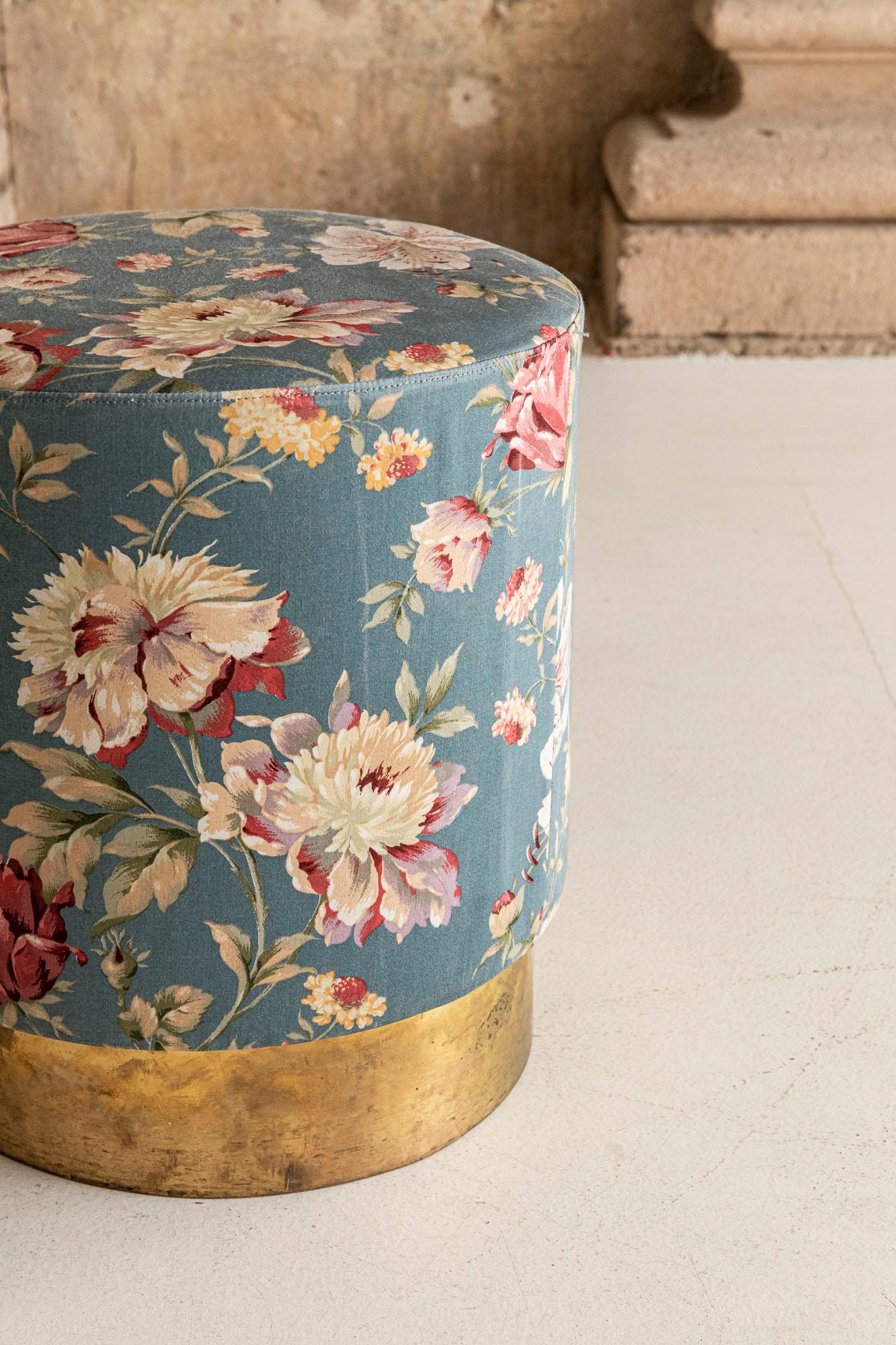 Brass Set of Three Stools, Floral Decorated Fabric