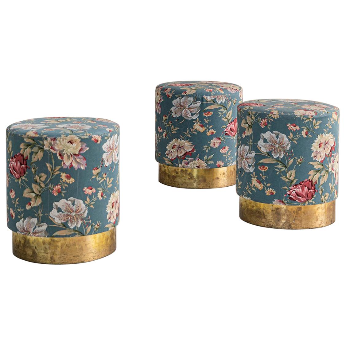 Set of Three Stools, Floral Decorated Fabric