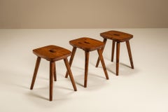 Set of Three Country Stools in Stained Pine, Minimalist Design, 1960s