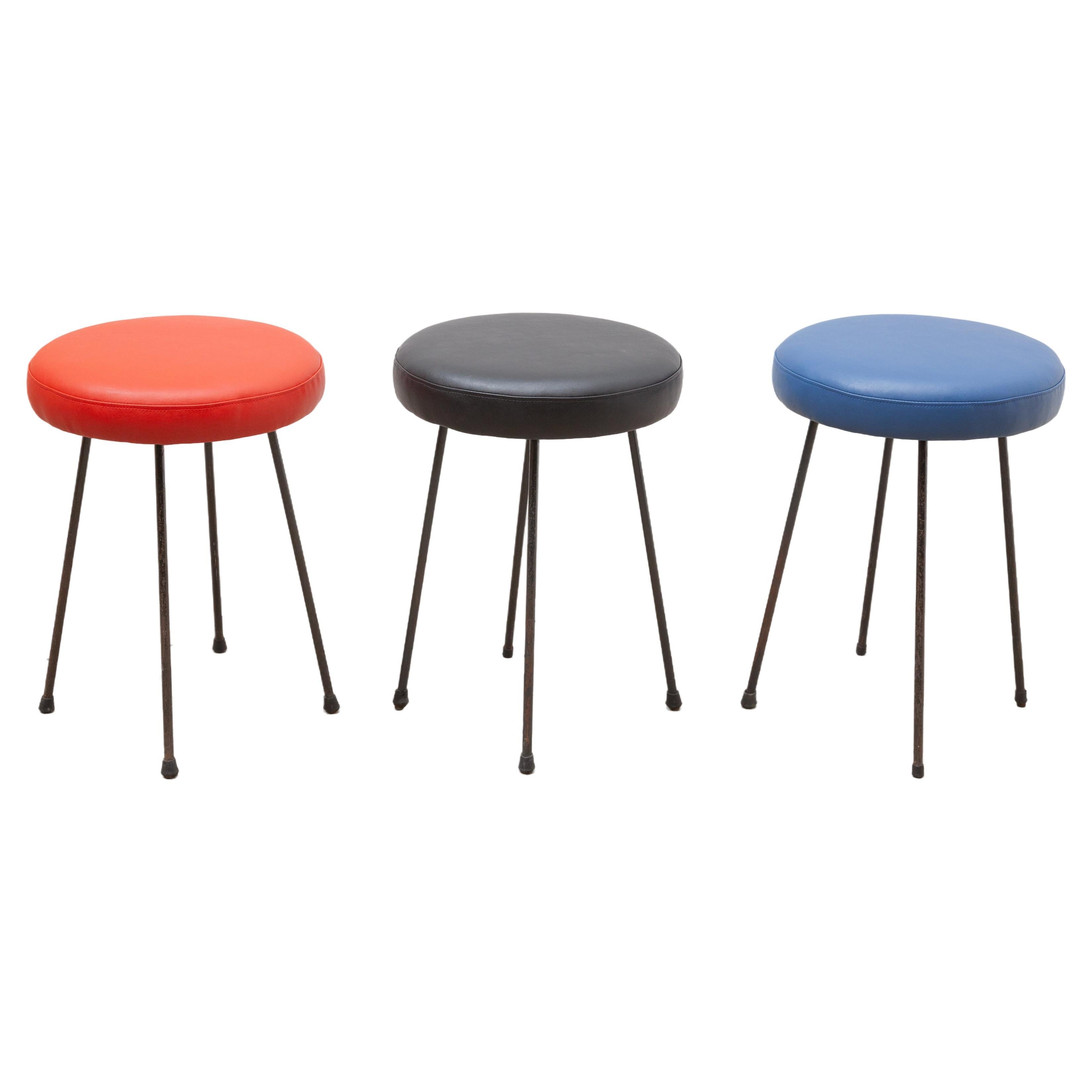 Set of Three Stools Midcentury Modern Black, Blue and Red, Germany, 1950s For Sale