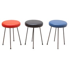 Set of Three Stools Midcentury Modern Black, Blue and Red, Germany, 1950s