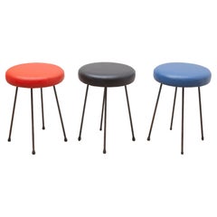 Vintage Set of Three Stools Midcentury Modern Black, Blue and Red, Germany, 1950s