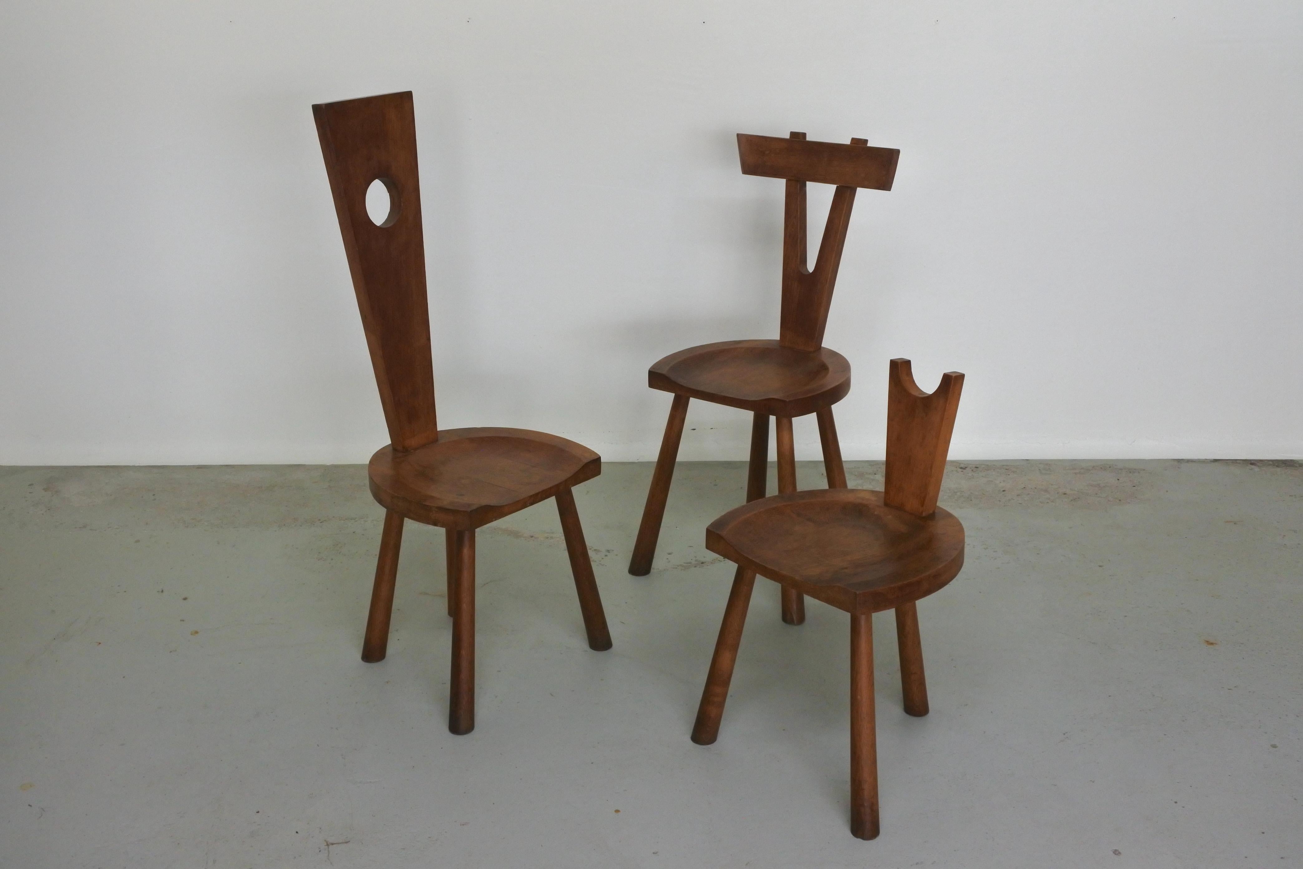 Set of Three Studio Chairs in Solid Oak Wood, France 1950s 10