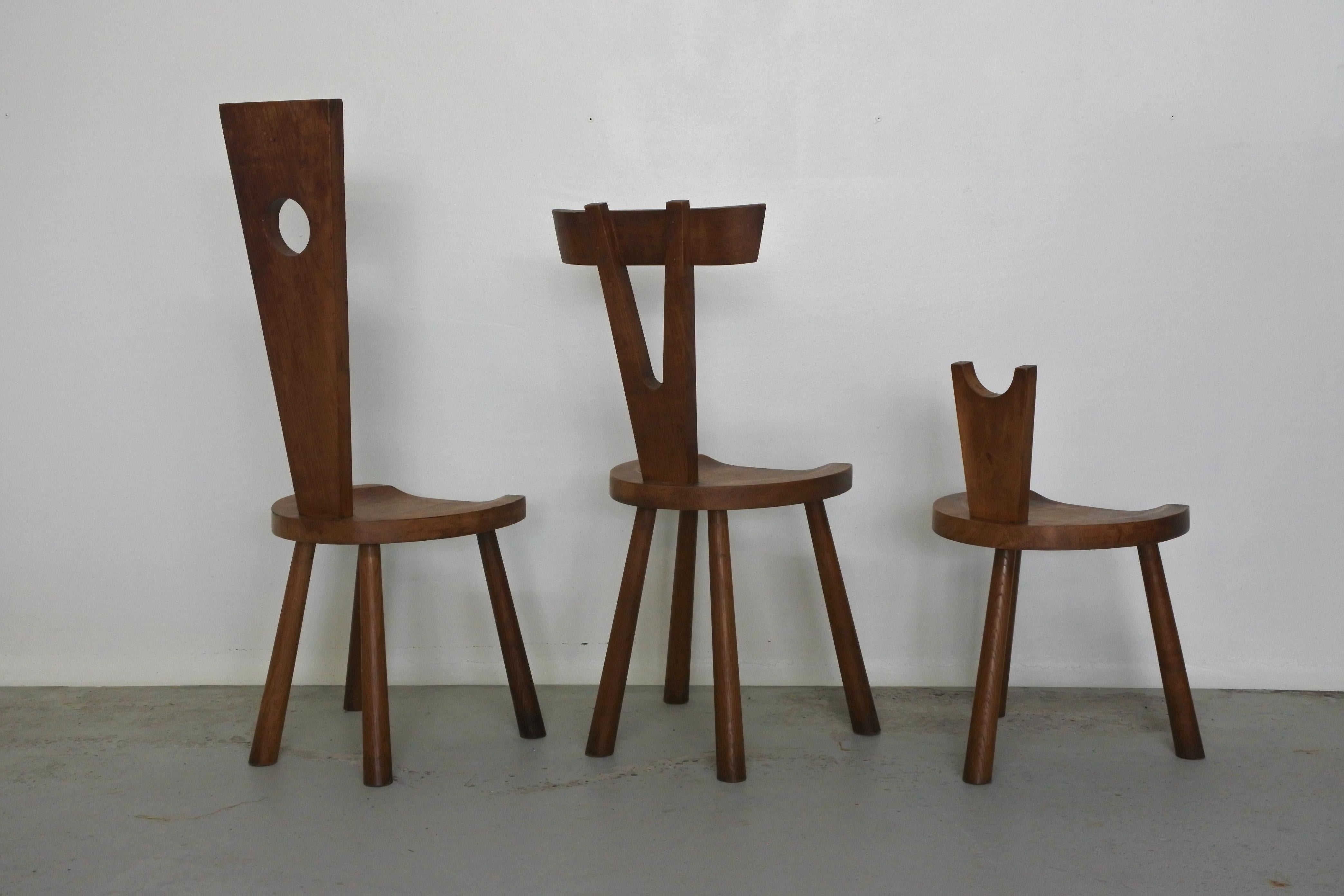 Mid-Century Modern Set of Three Studio Chairs in Solid Oak Wood, France 1950s