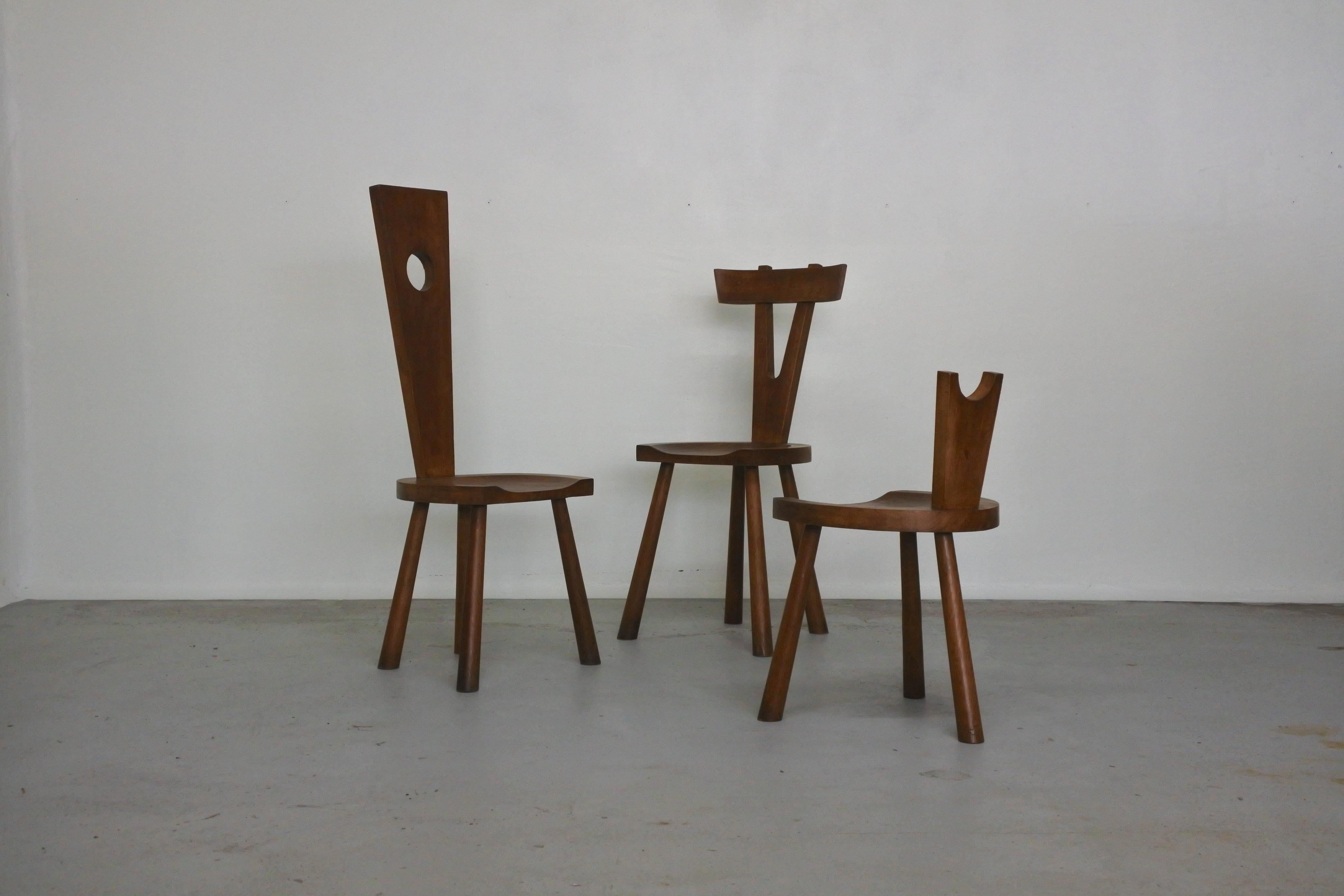 French Set of Three Studio Chairs in Solid Oak Wood, France 1950s