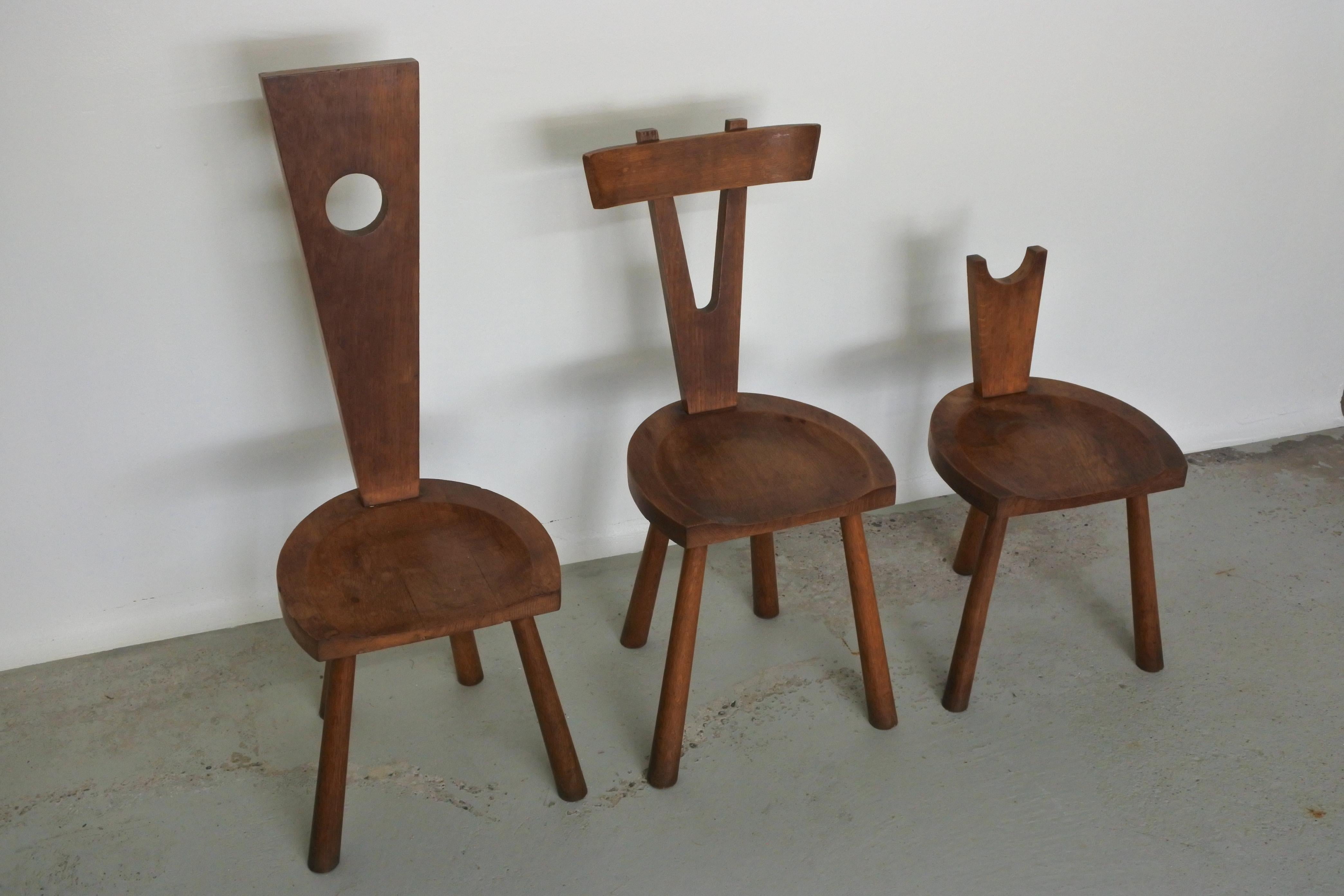 Mid-20th Century Set of Three Studio Chairs in Solid Oak Wood, France 1950s