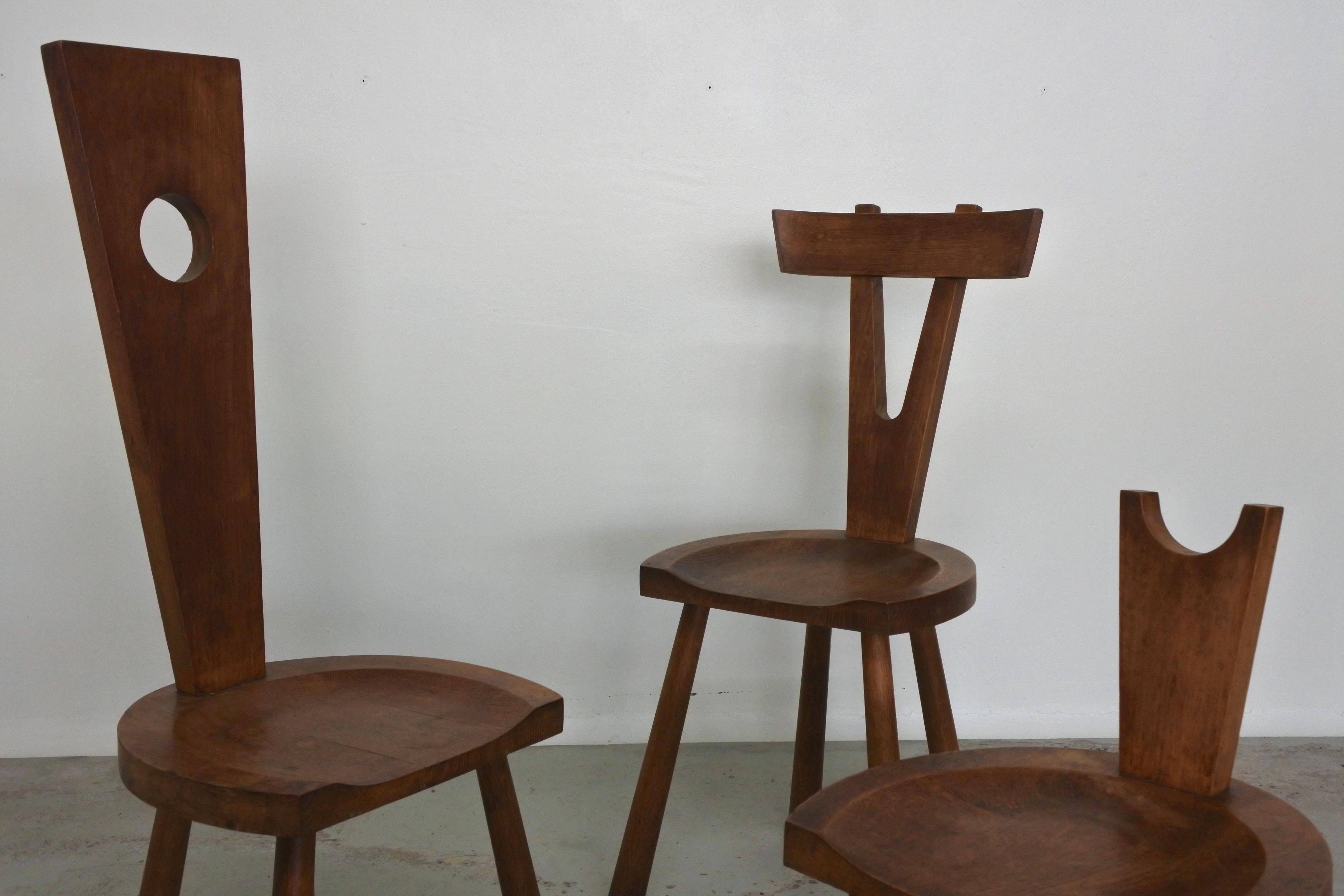 Set of Three Studio Chairs in Solid Oak Wood, France 1950s 1