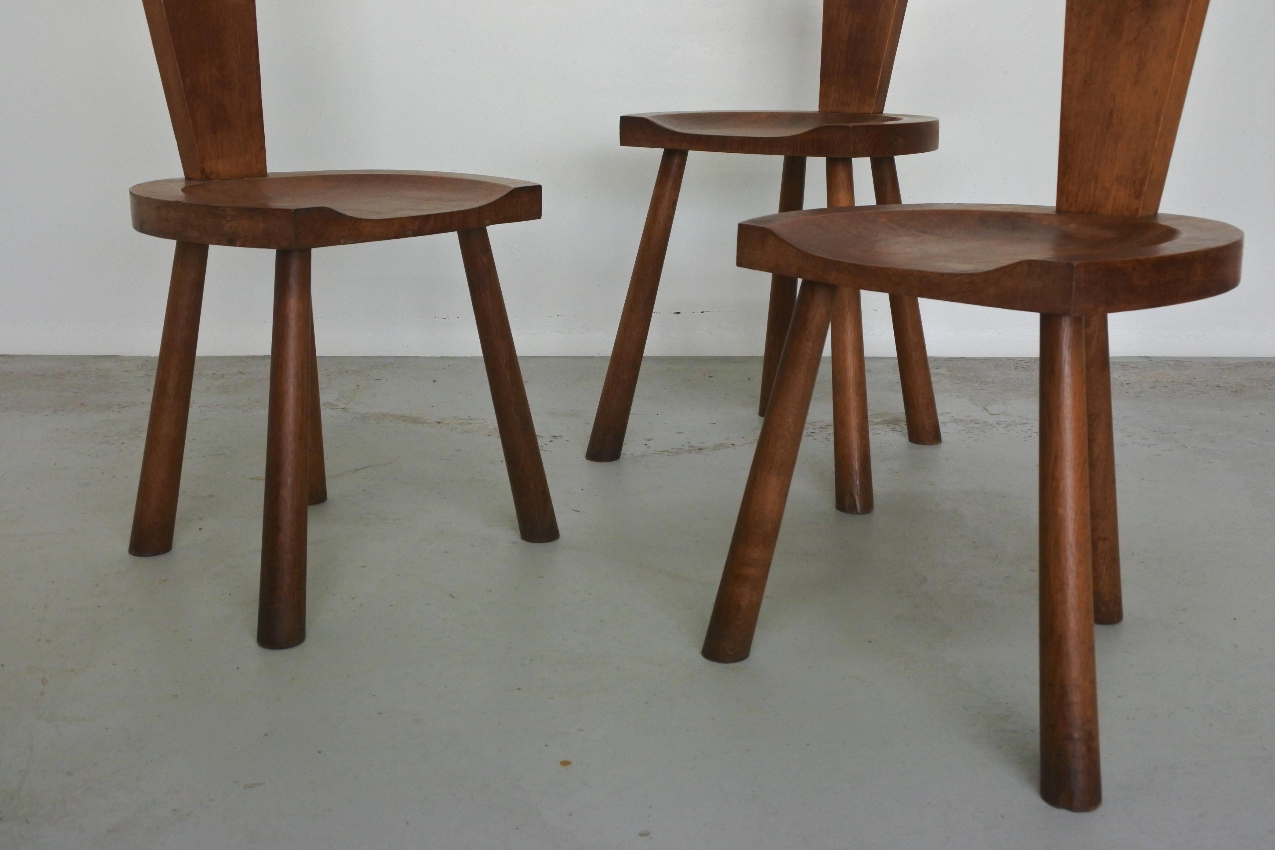 Set of Three Studio Chairs in Solid Oak Wood, France 1950s 2