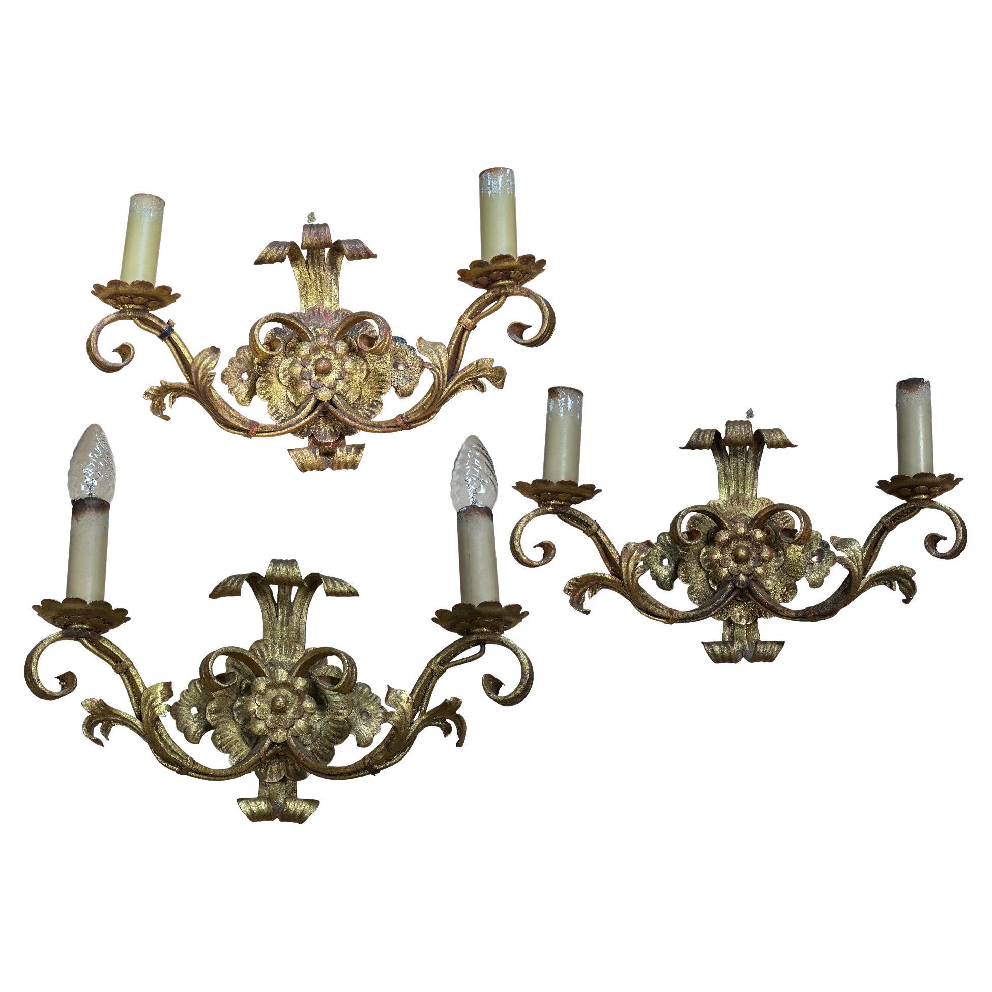 Set of Three stunning Tole Sconces Gilded Metal, Kogl Leuchten, 1960s For Sale