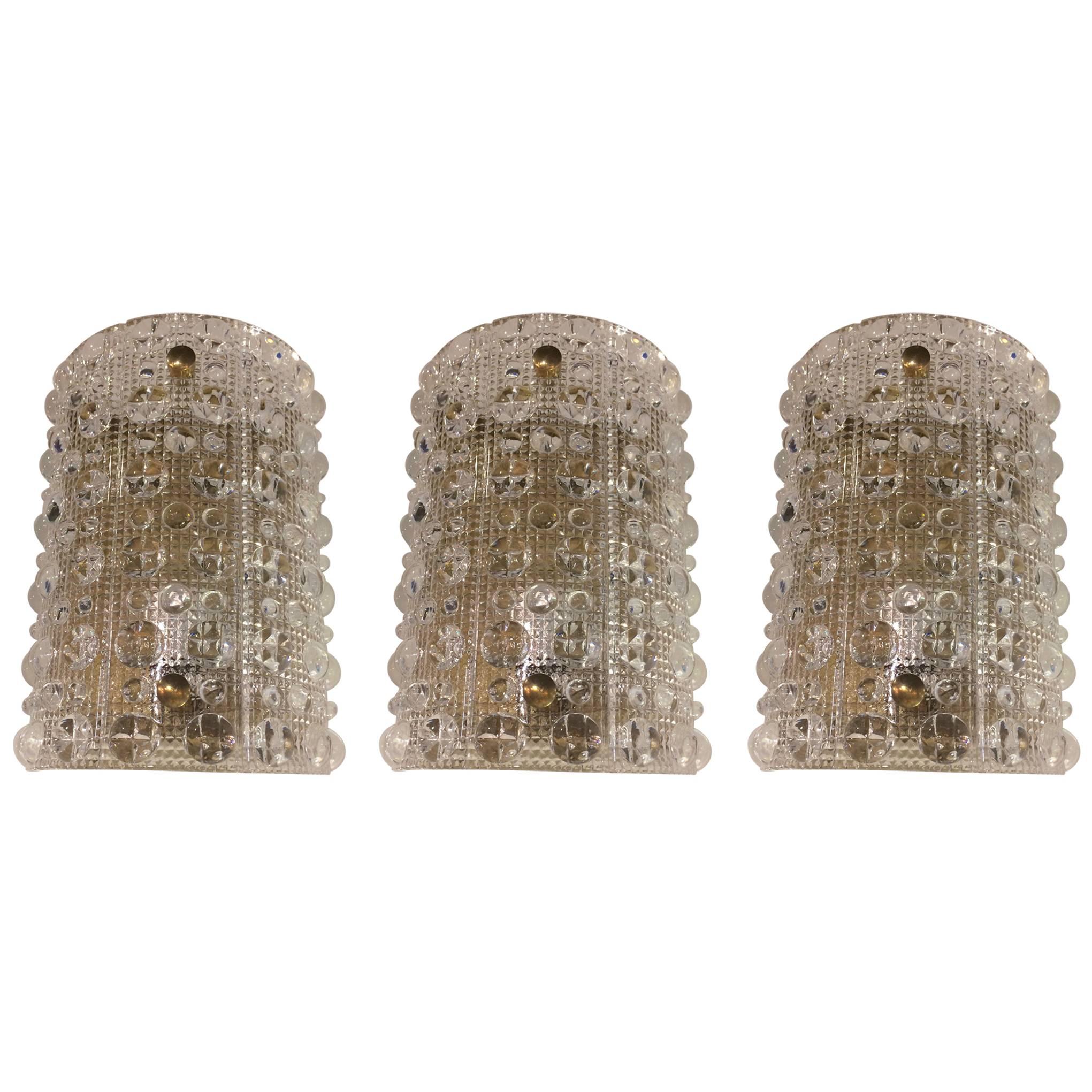 Set of Three Super Glamorous Swedish Orrefors Vintage Crystal Wall Sconces