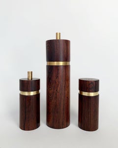 Set of Three Sven Petersen Pepper Mill & Salt Shaker Rosewood Brass SAAP Denmark