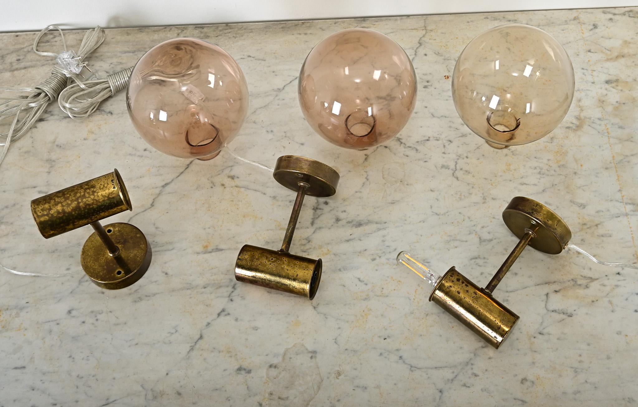 Other Set of Three Swedish Vintage Brass & Glass Sconces For Sale