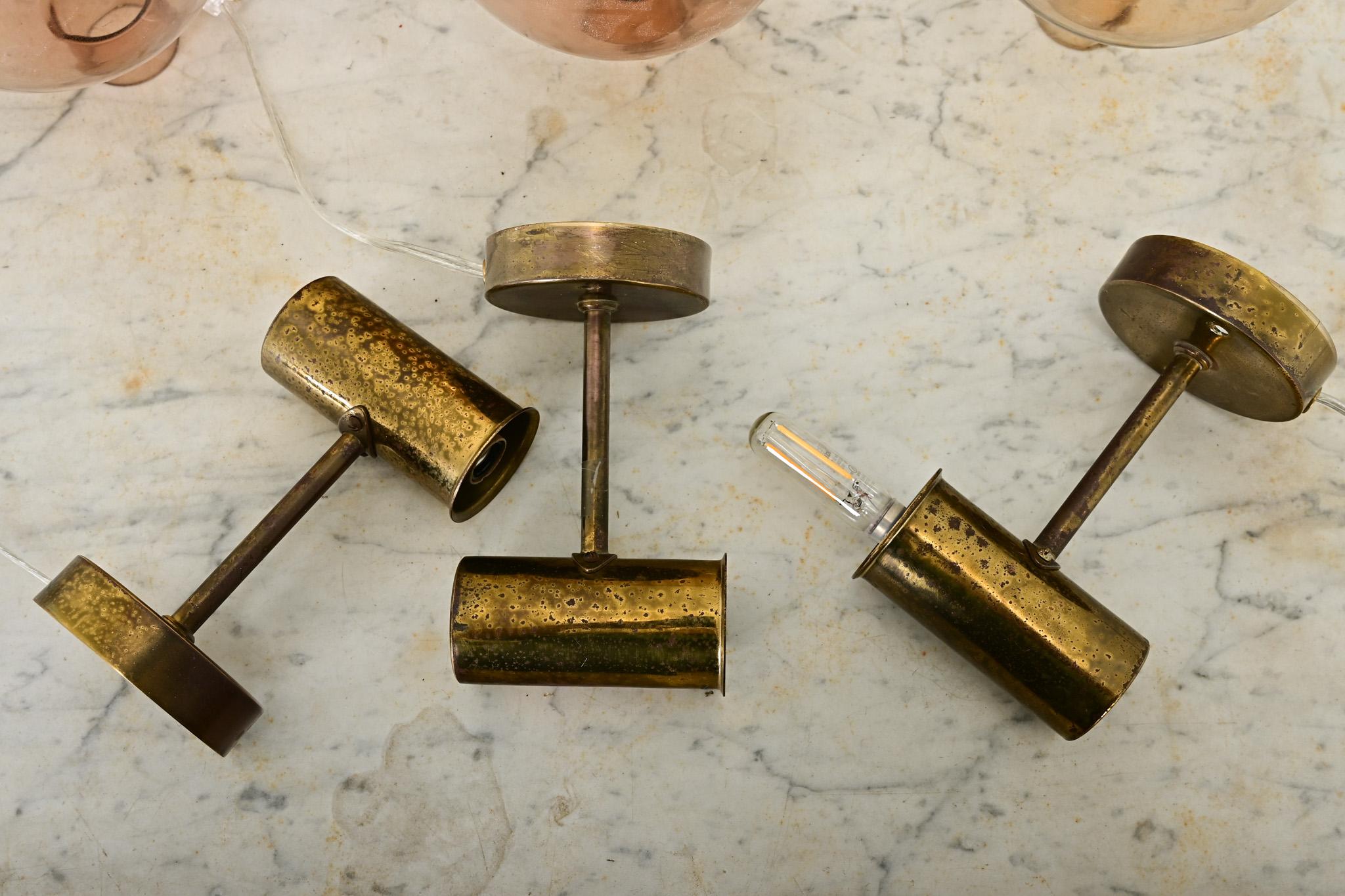 20th Century Set of Three Swedish Vintage Brass & Glass Sconces For Sale