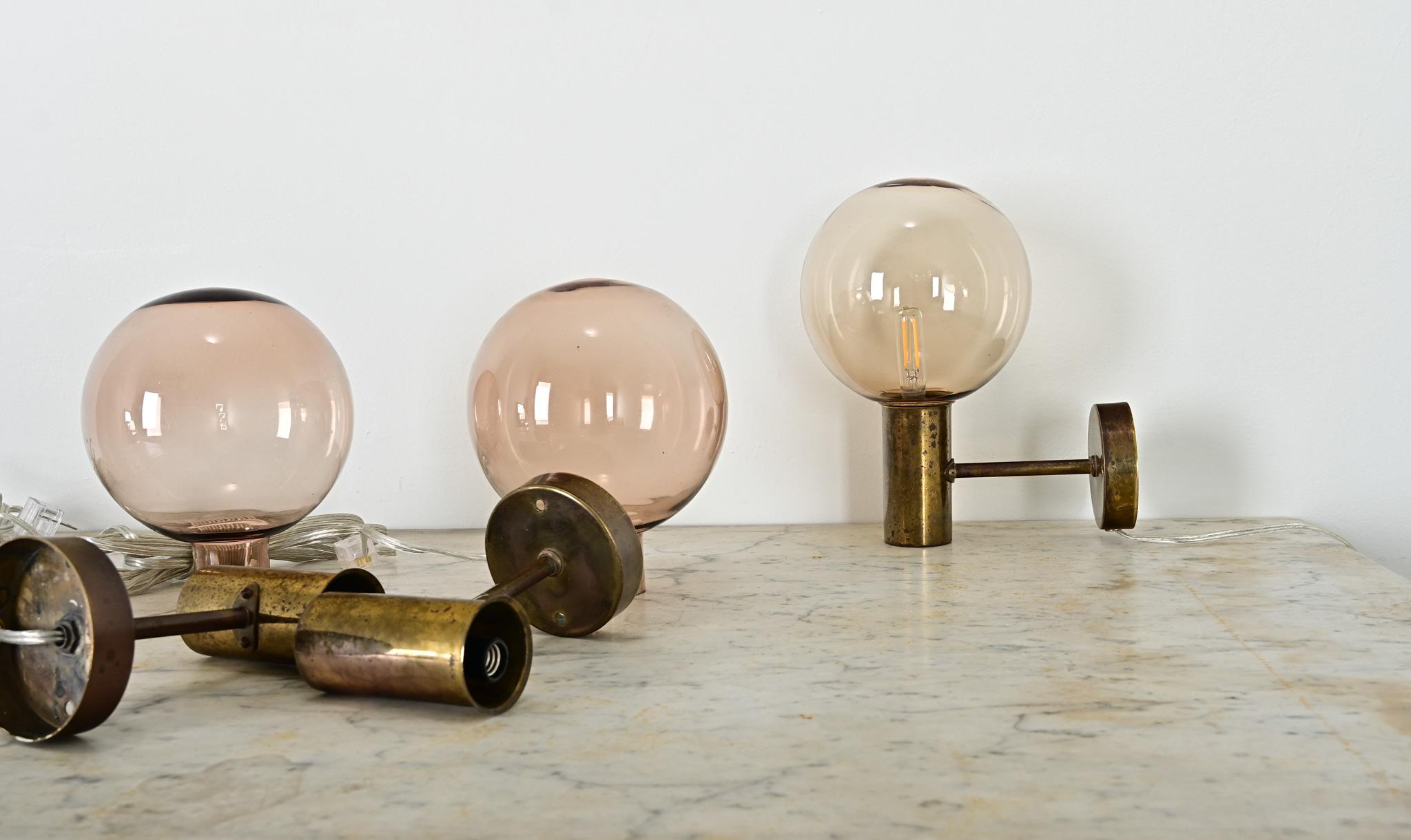 Set of Three Swedish Vintage Brass & Glass Sconces For Sale 1