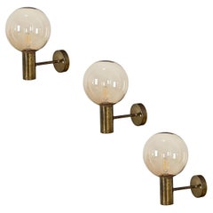 Set of Three Swedish Vintage Brass & Glass Sconces