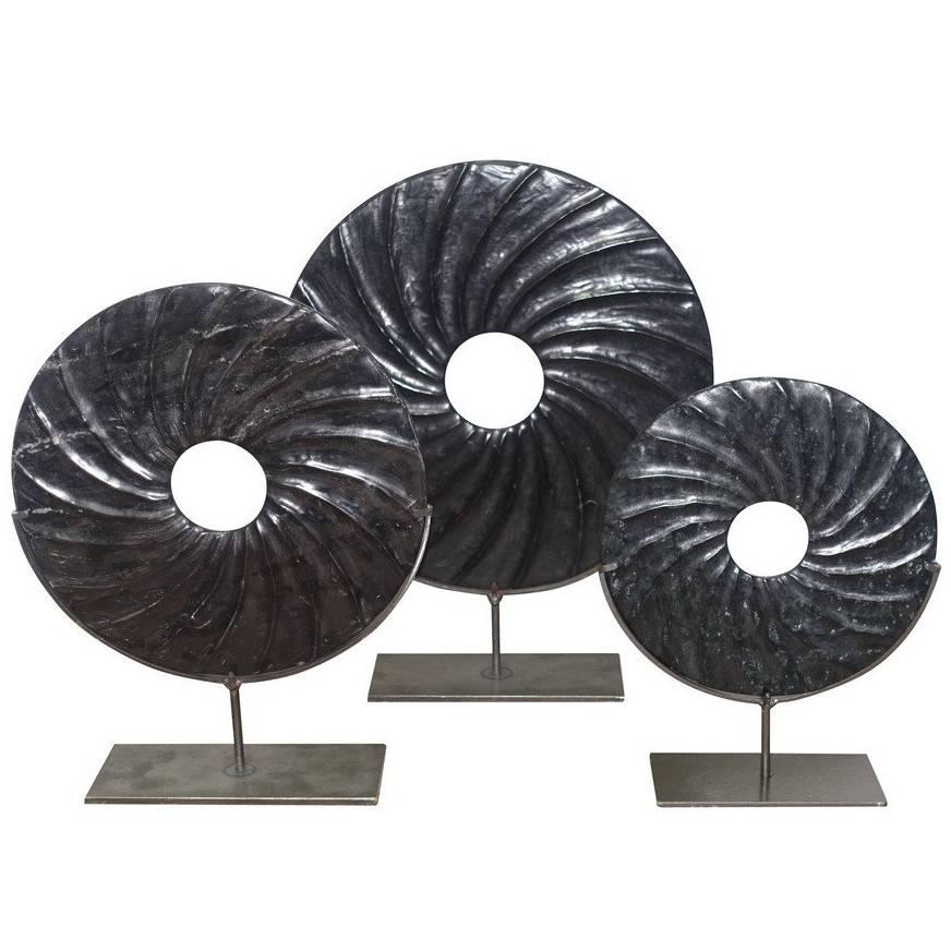 Set of Three Swirl Pattern Stone Rings on Stands, China, Contemporary