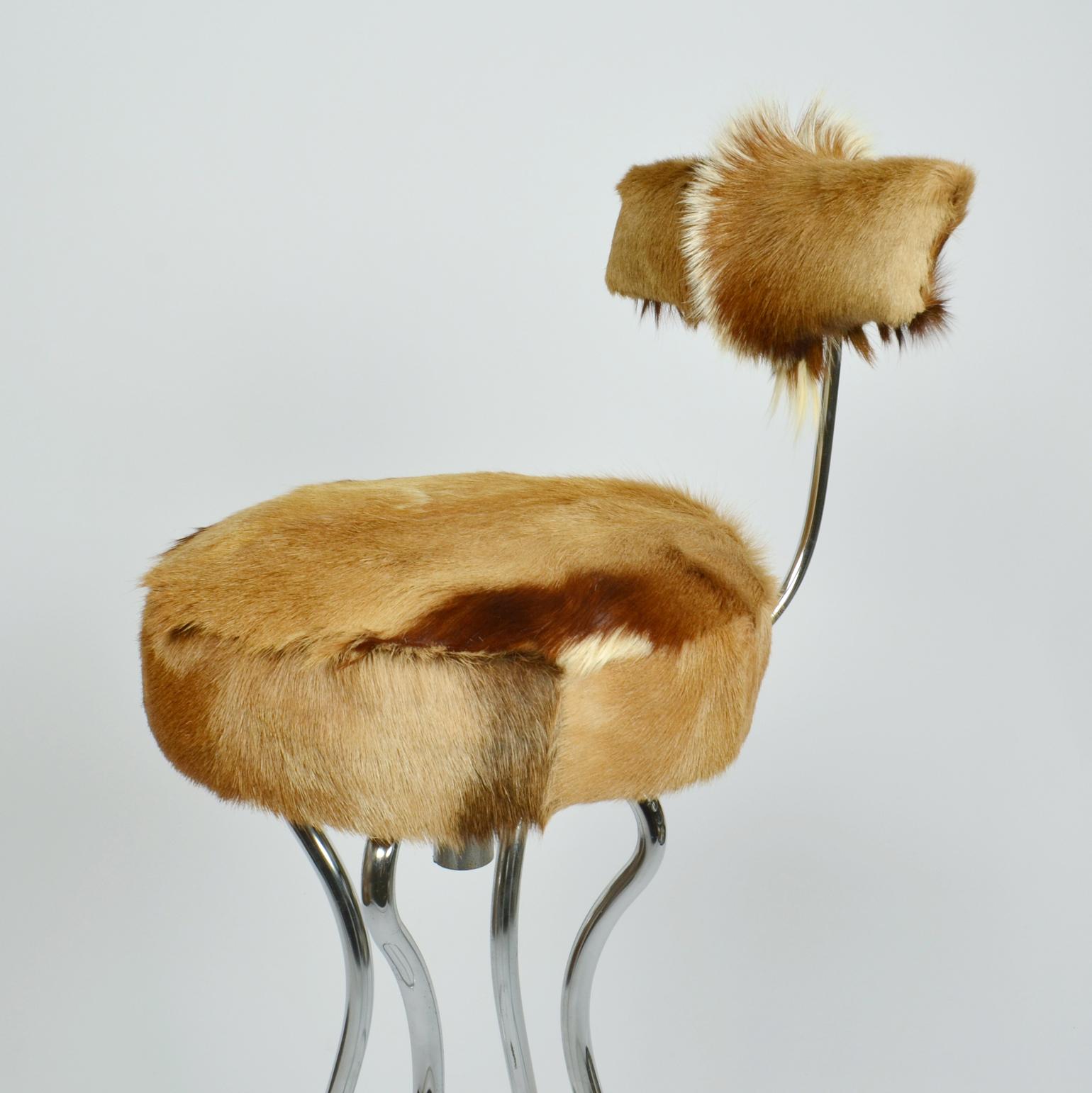 Set of Three Swivel Barstools in Chrome and Goatskin For Sale 4